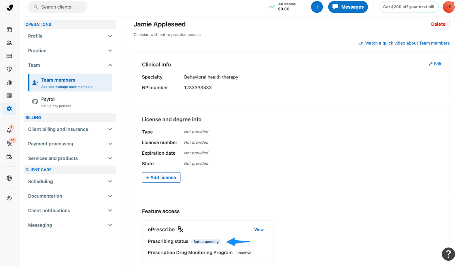Team member profile showing Feature access and Prescribing status as Setup pending