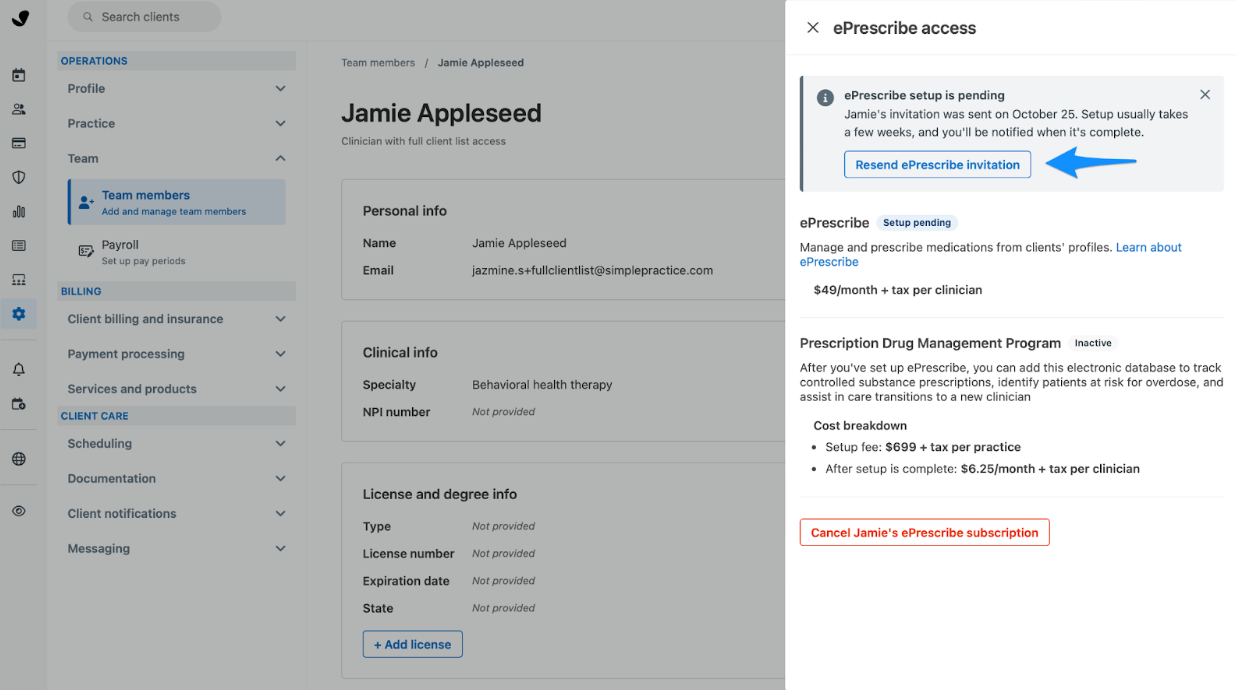 Resend ePrescribe invitation option in the ePrescribe View menu