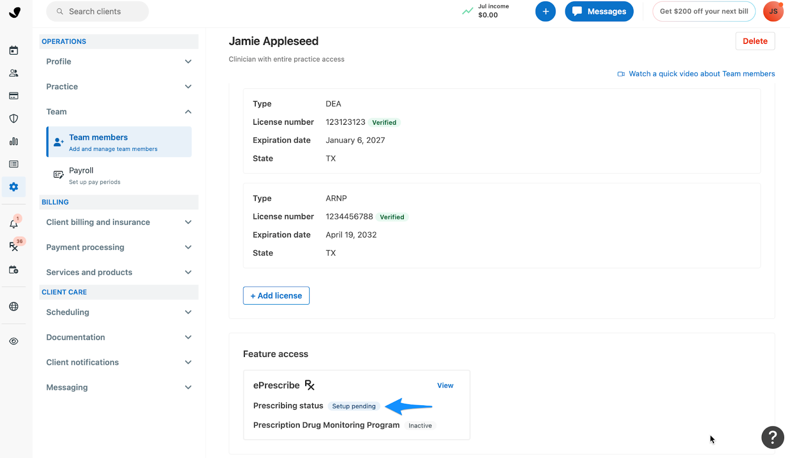Team member profile showing ePrescribe Prescribing status