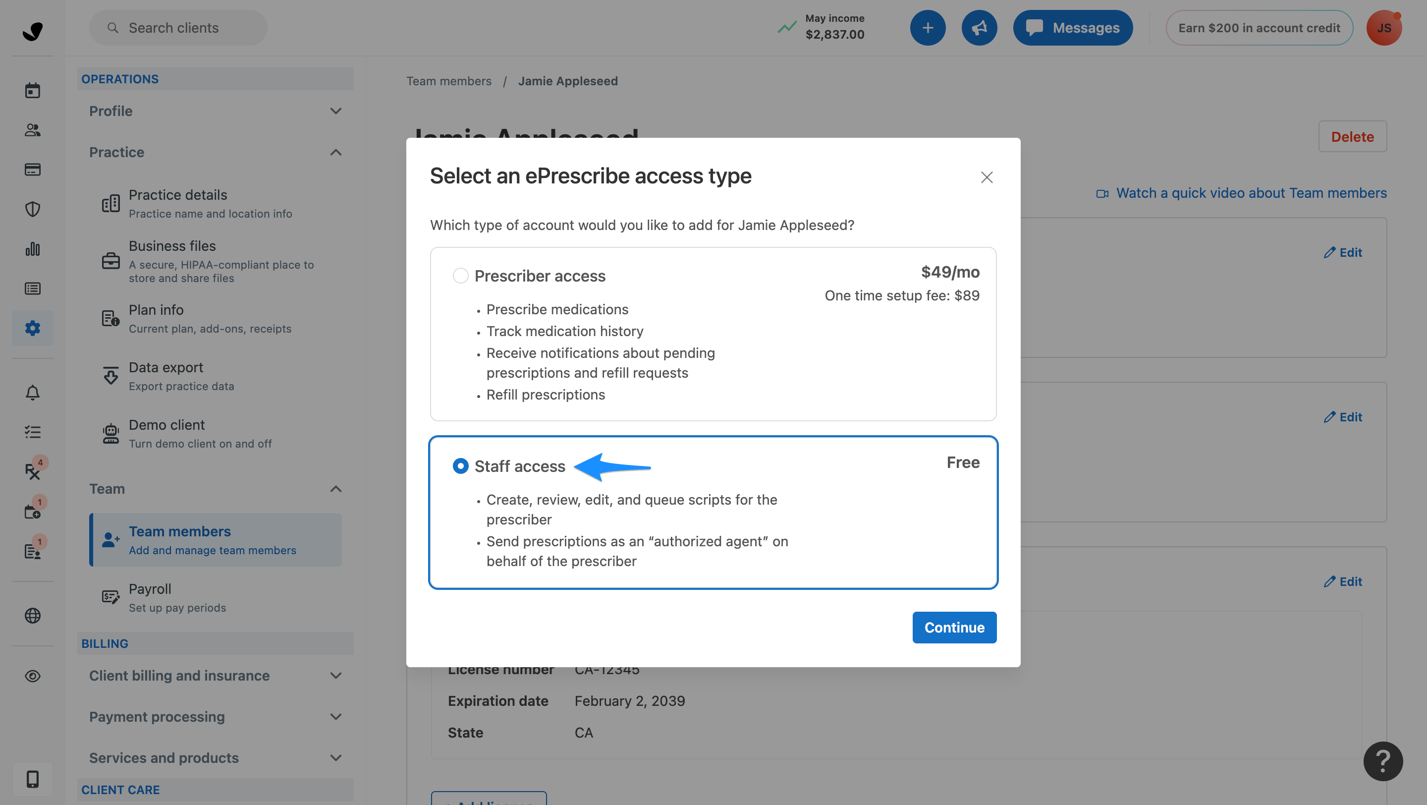 Staff access selection option in the ePrescribe access request flow