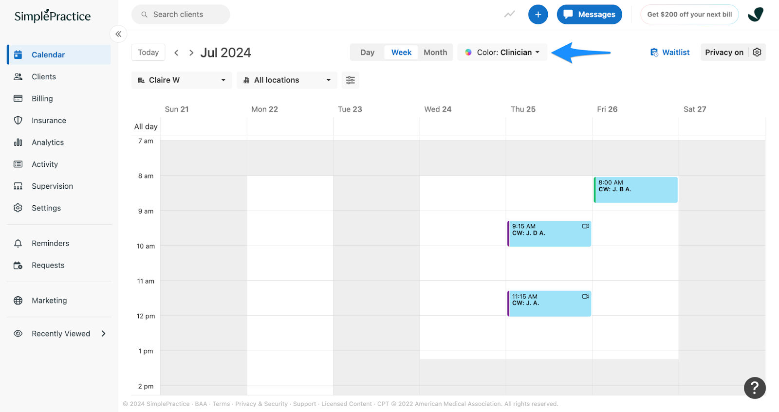 Color dropdown menu on the calendar
