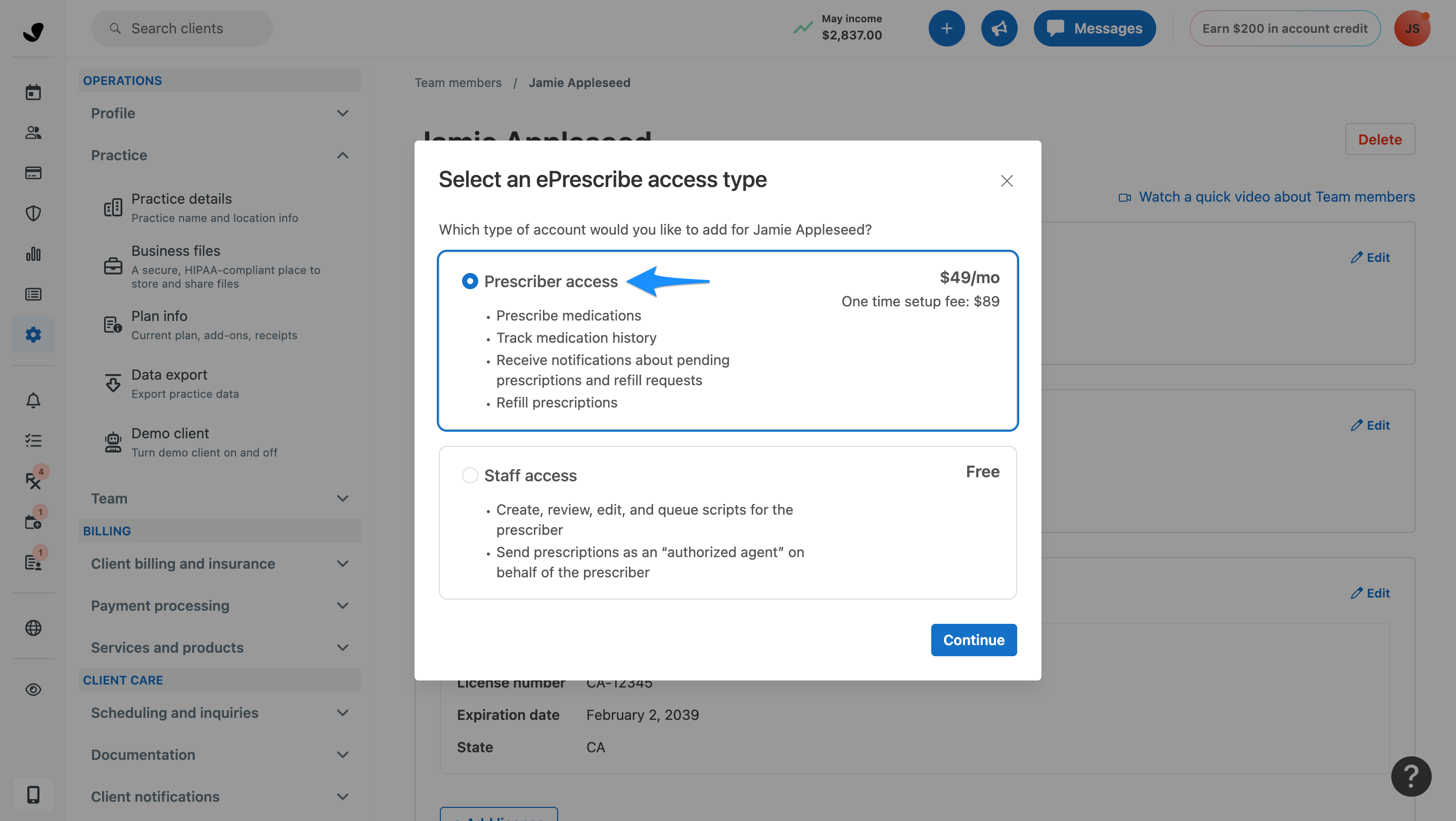 Prescriber access selection in the ePrescribe access request flow
