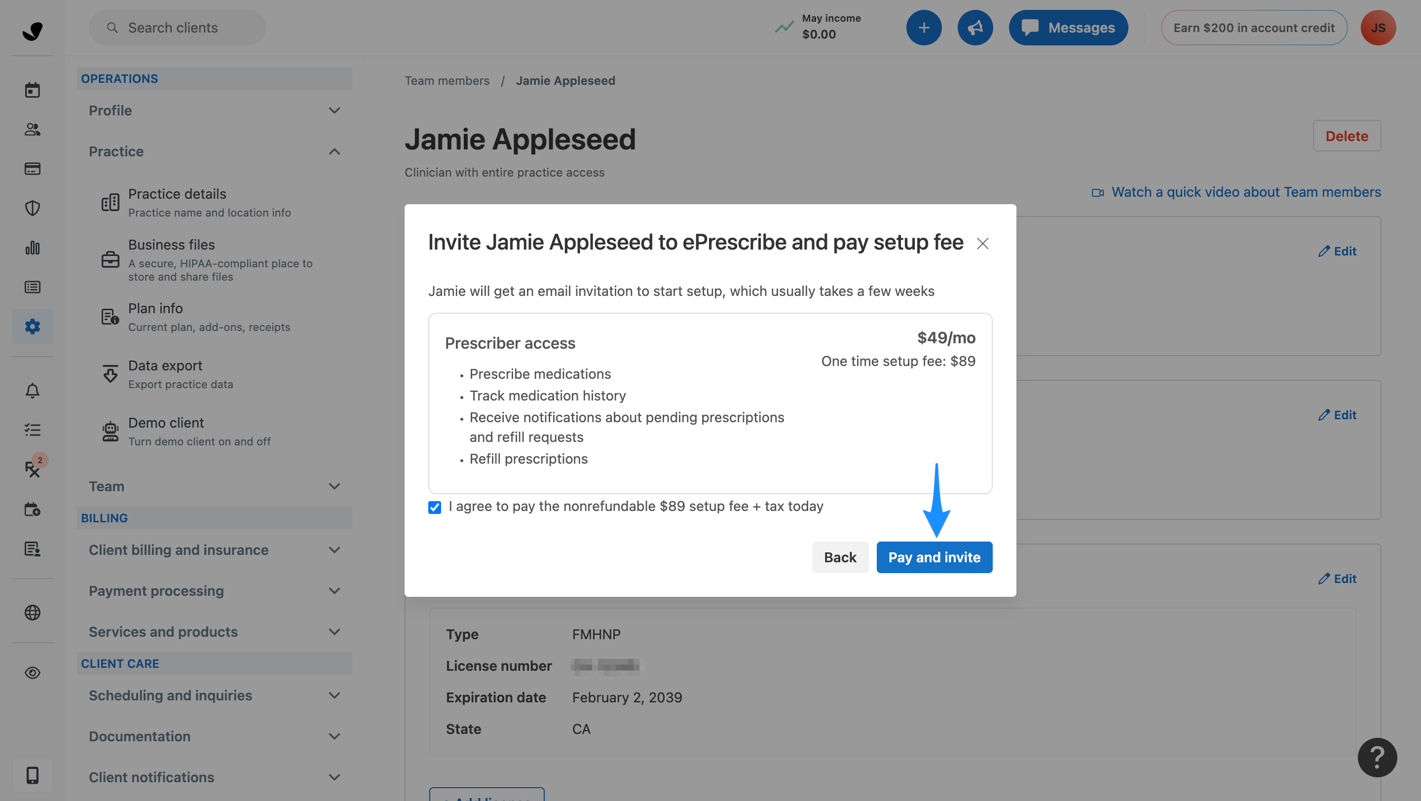 Pay and invite step with setup fee checkbox for prescriber access