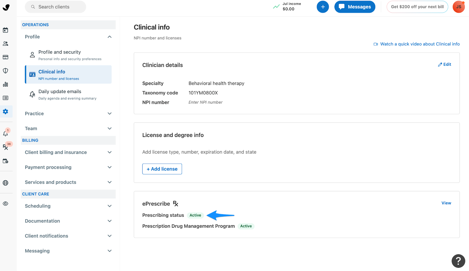 Clinical info page showing ePrescribe Prescribing status