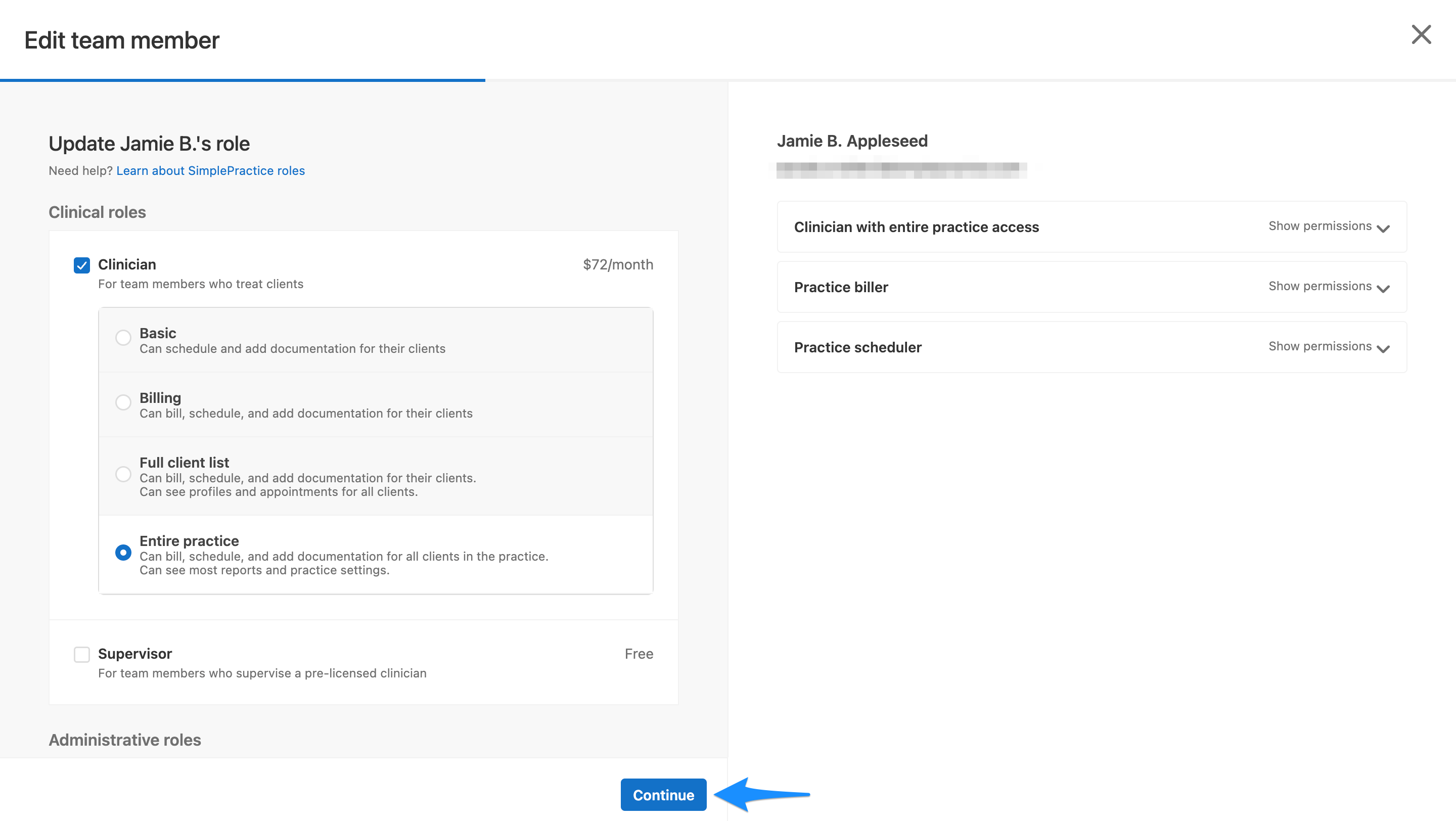 Role info update screen for a team member showing practice manager and clinician access options