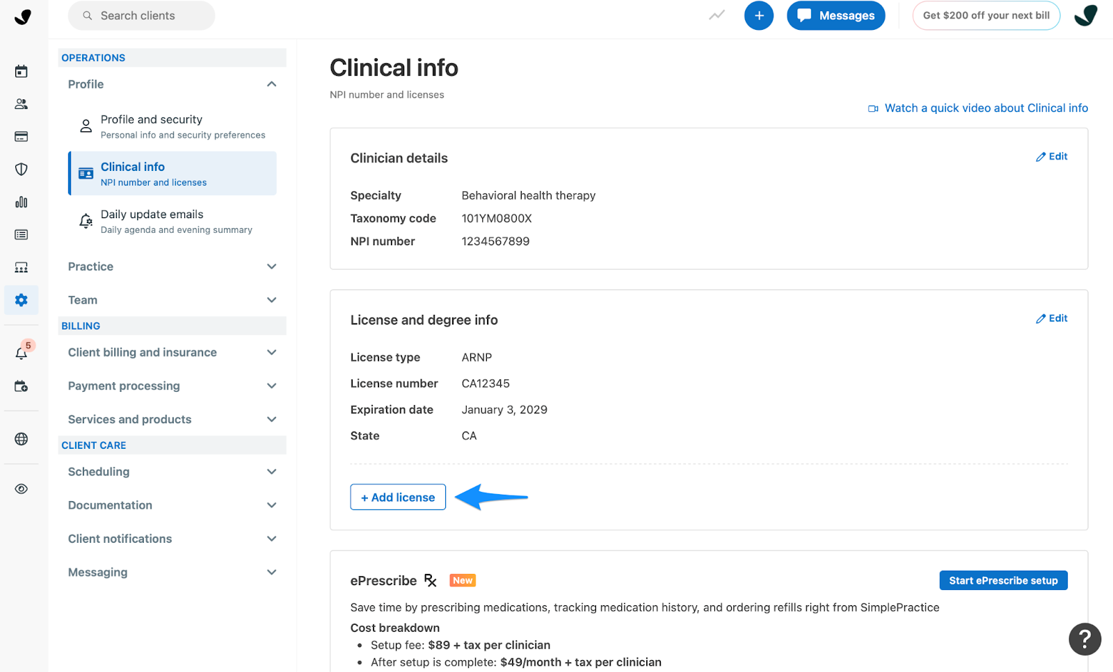 Clinical info screen showing where to add a state license and DEA number