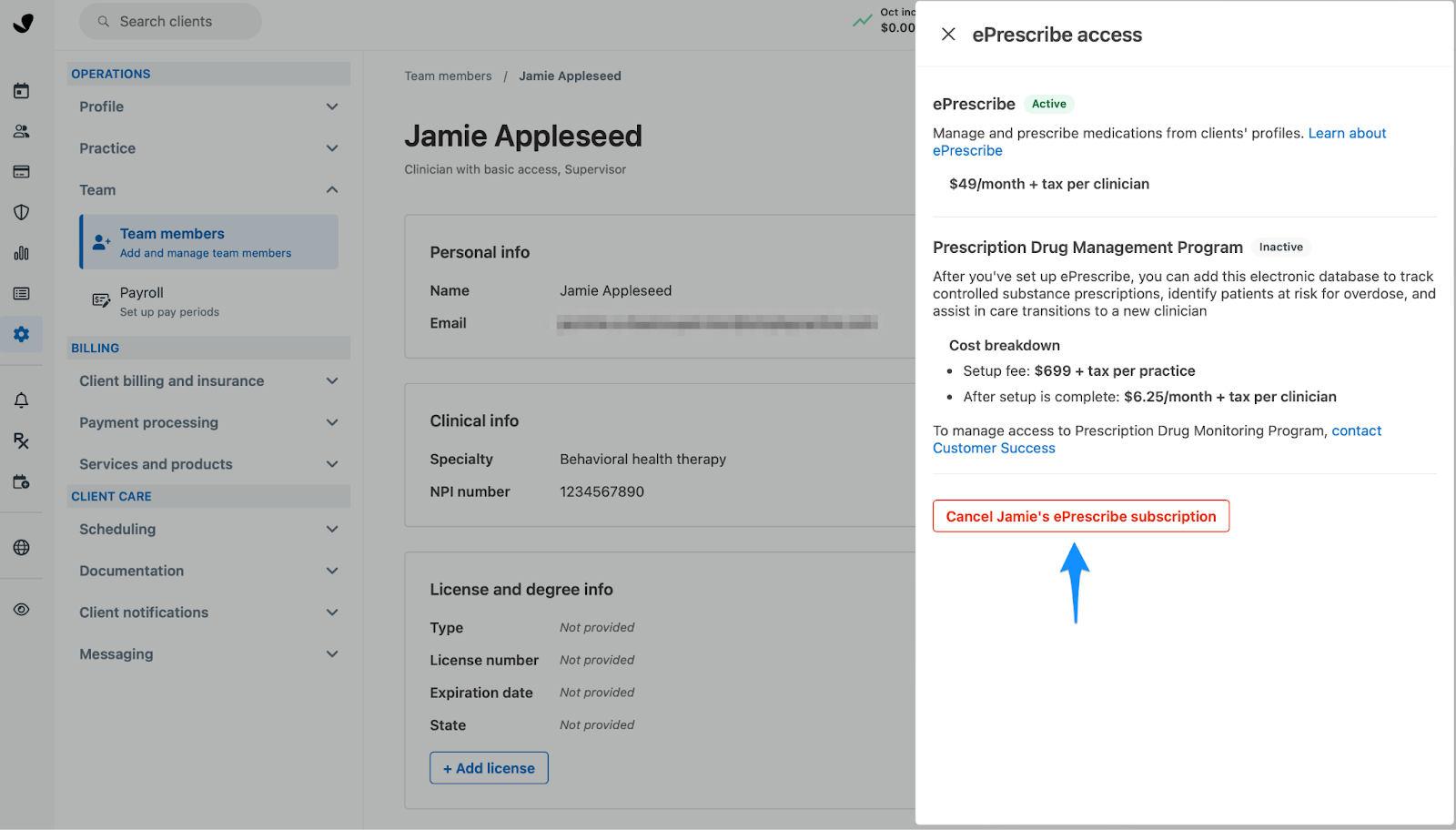 Team members area showing Cancel Team Member’s ePrescribe subscription option