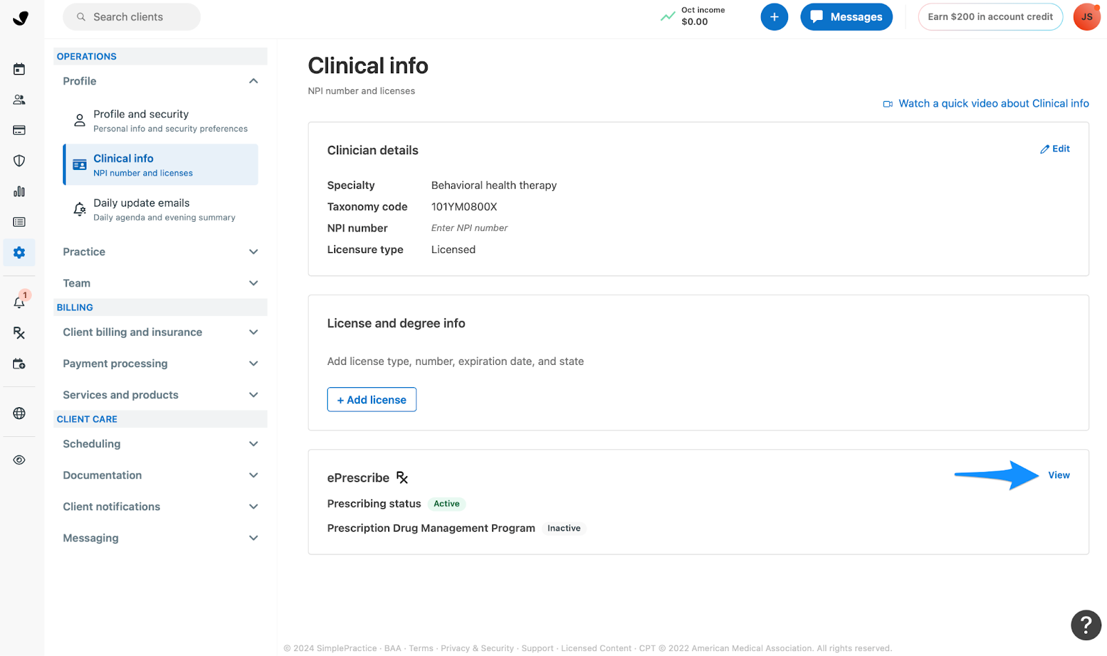 Clinical info page showing ePrescribe Rx with the View option