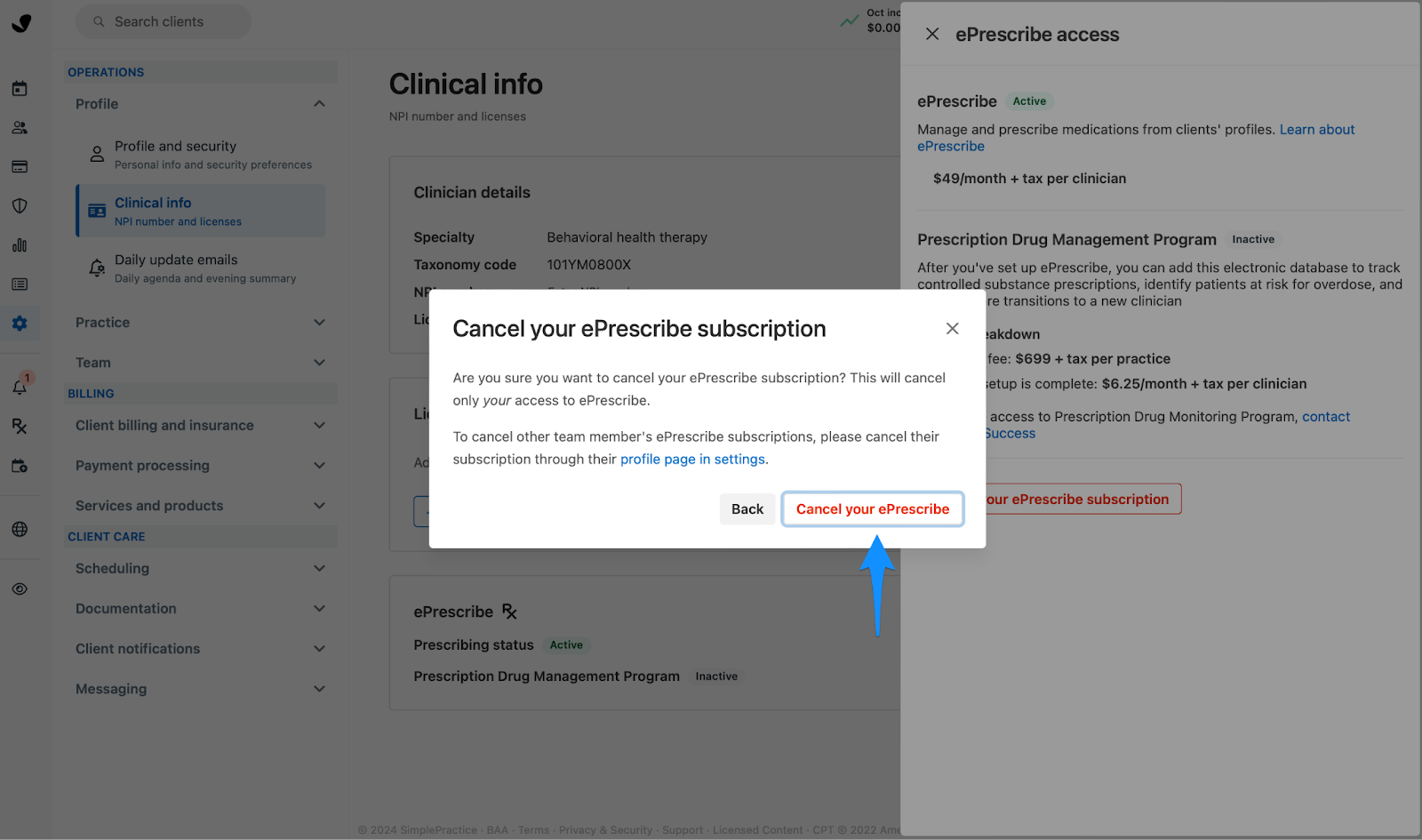 Cancel your ePrescribe subscription option and confirmation modal