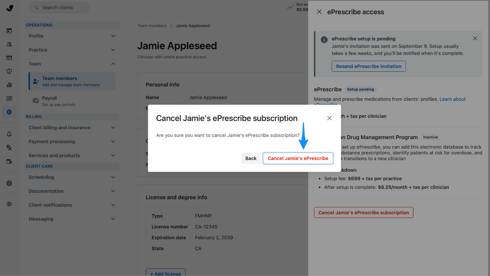 Confirmation popup modal for canceling a team member’s ePrescribe subscription