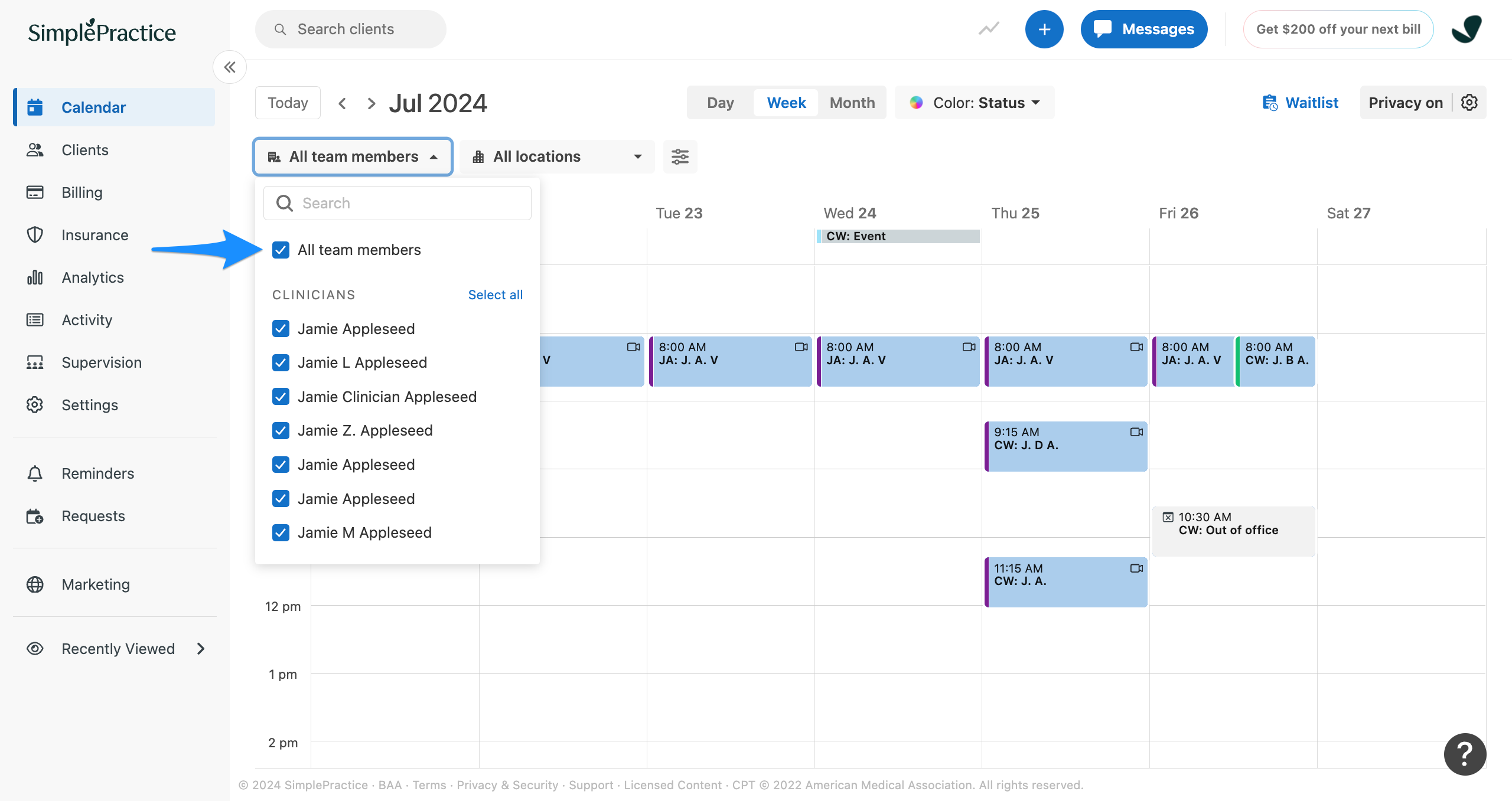 All team members checkbox selected in the team members dropdown