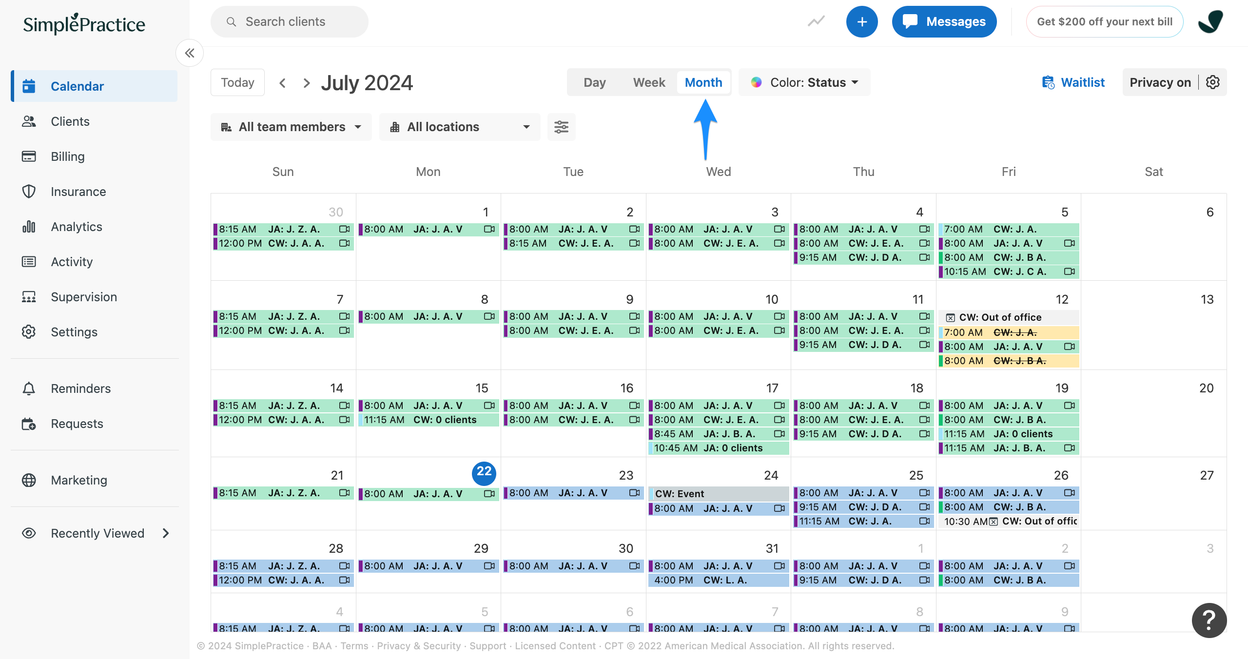 Month view selected on the calendar view toggle