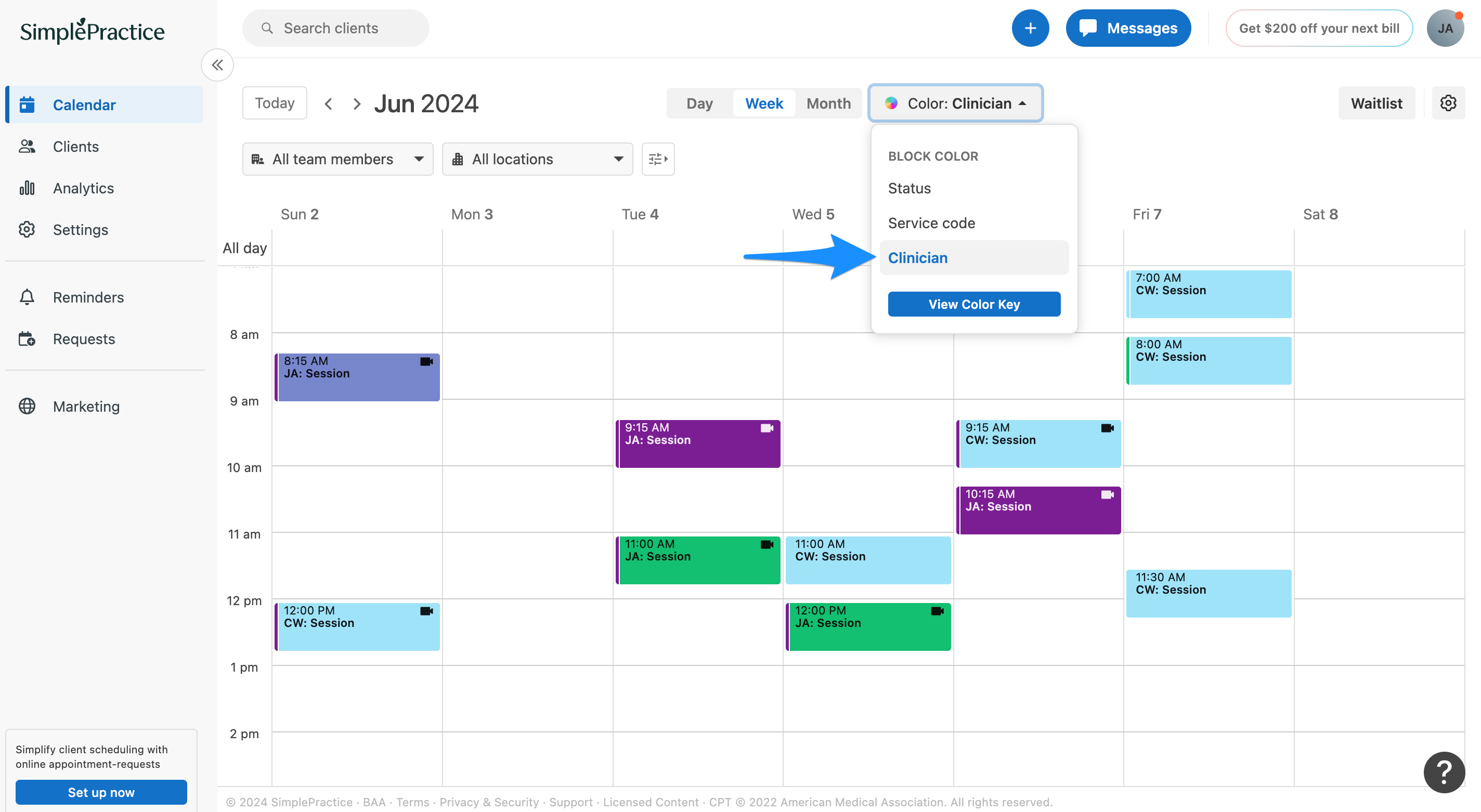 Color filter options including Status, Service code, and Clinician