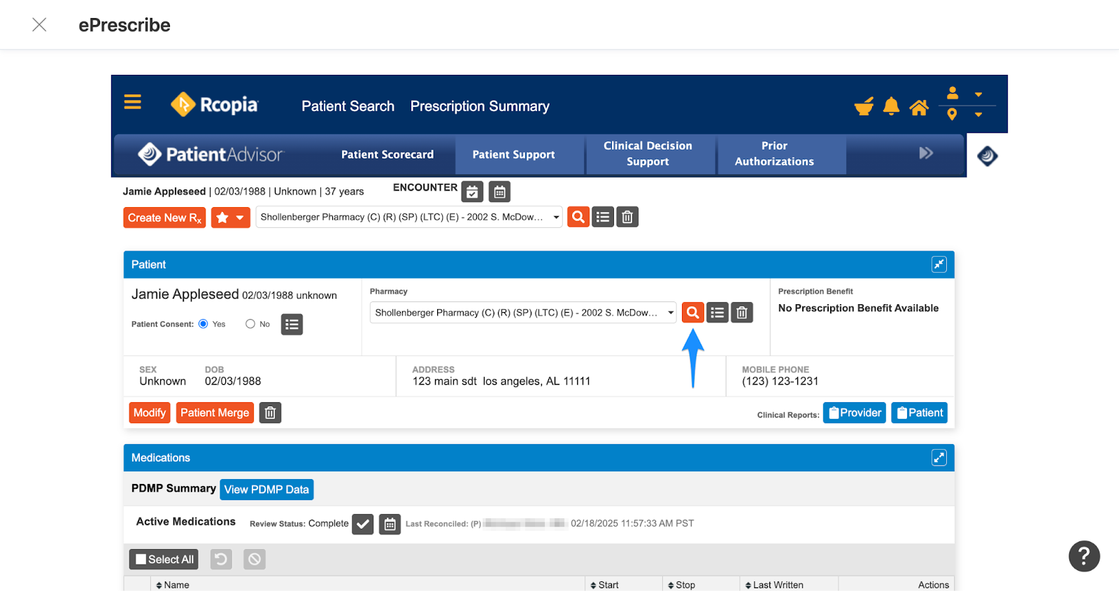 Pharmacy search icon and search fields in DrFirst