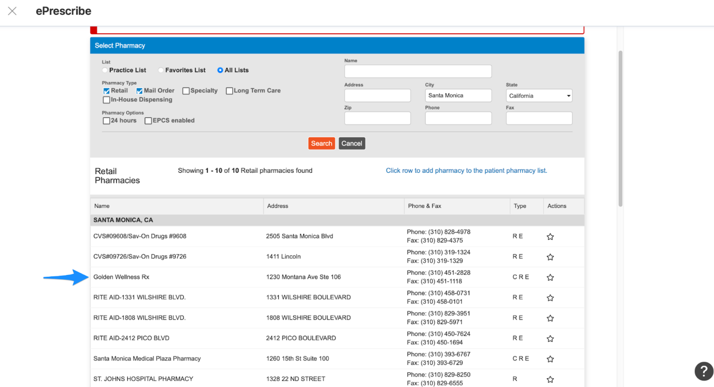Pharmacy search results list in DrFirst
