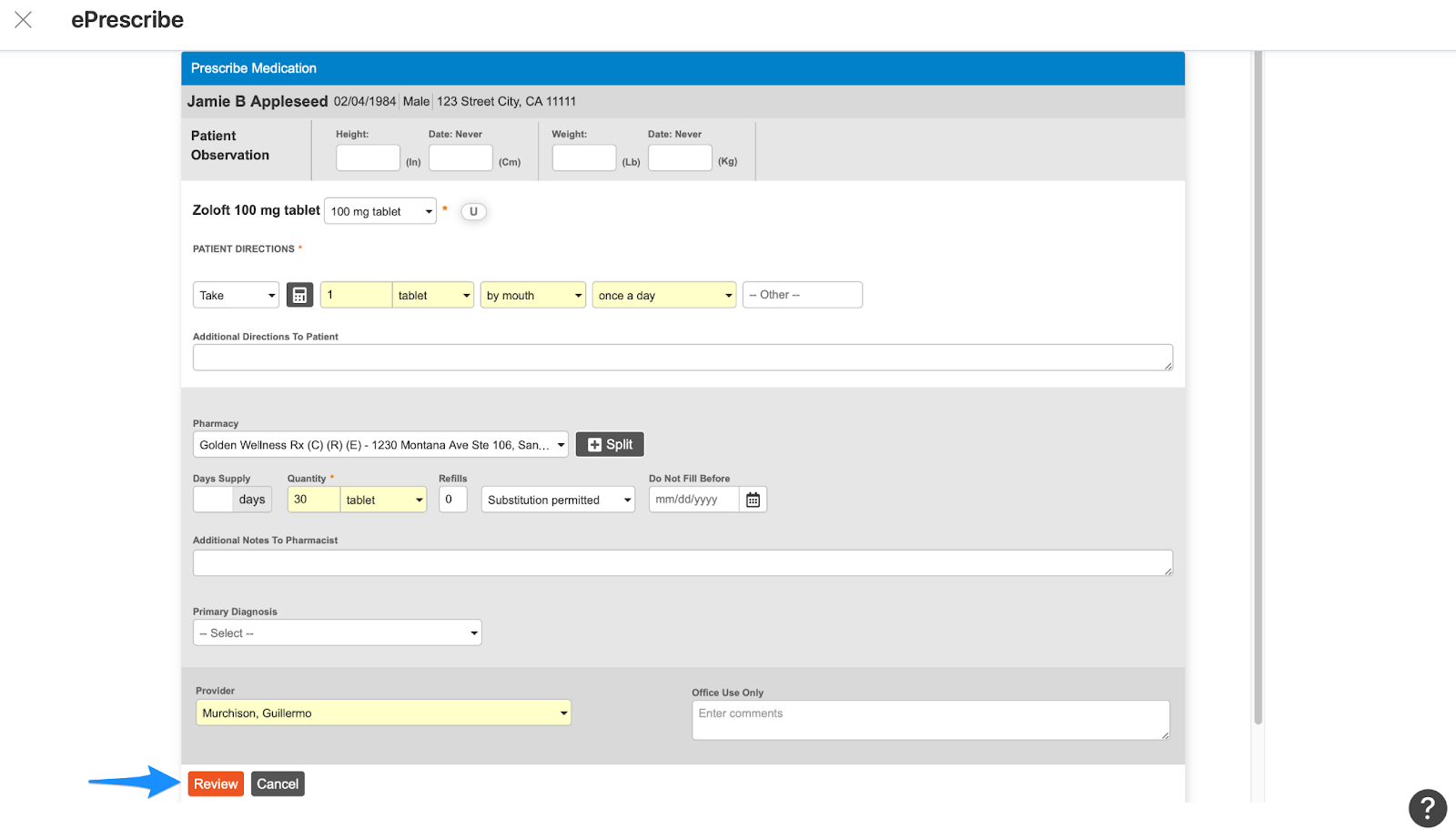 Review screen for a prescription in DrFirst