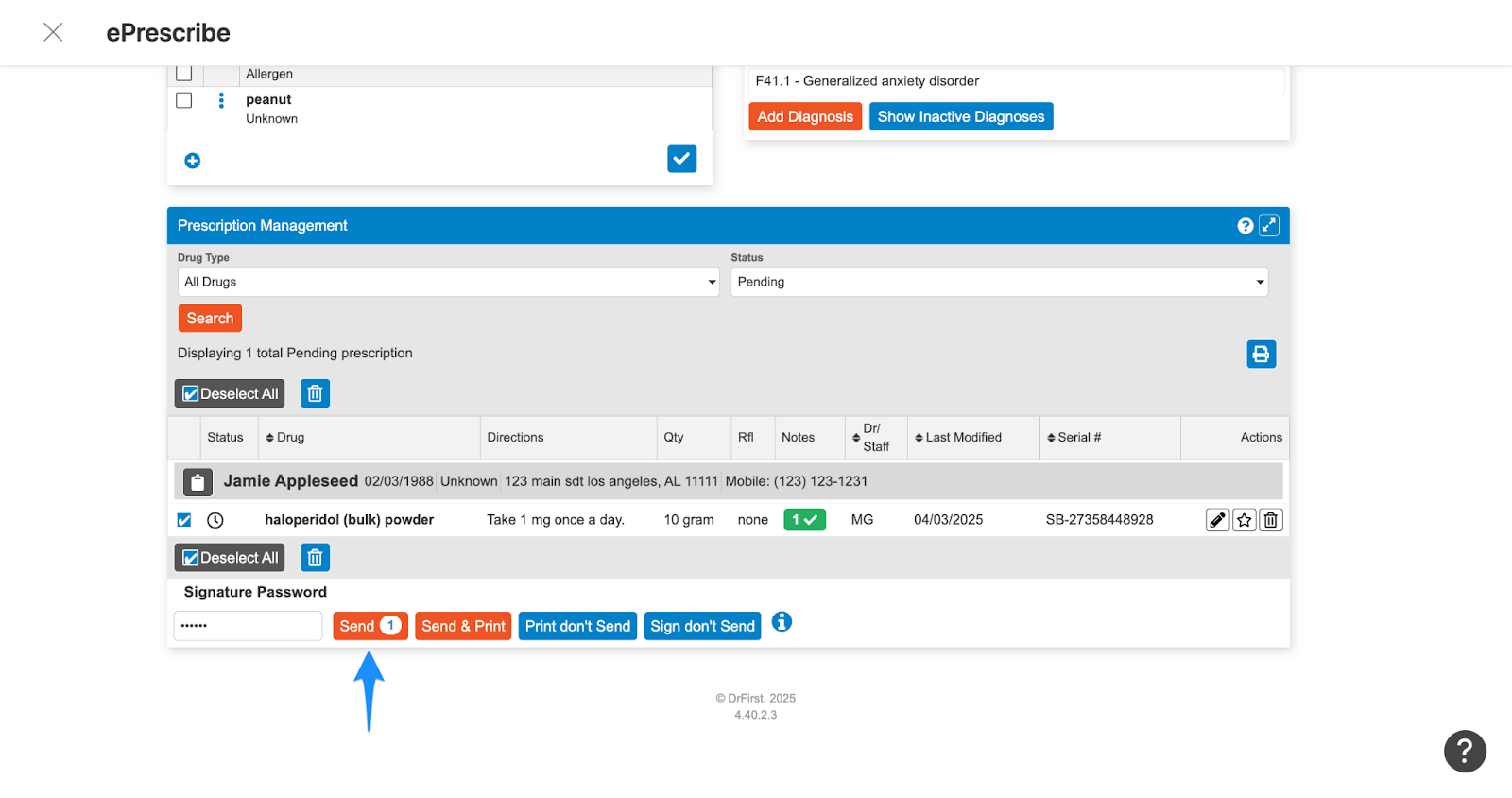 Send button for submitting a prescription in DrFirst