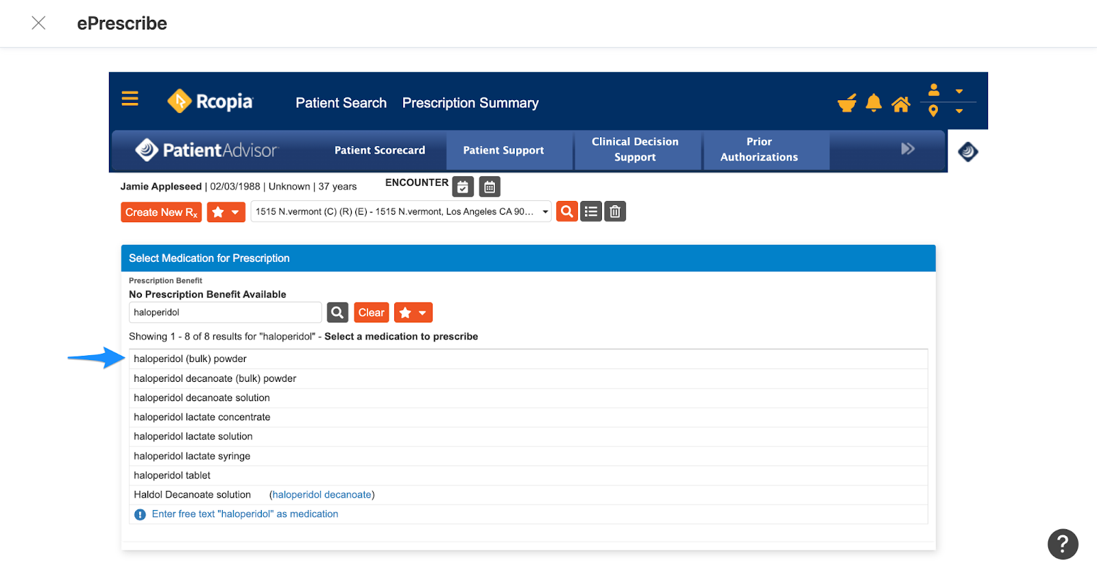 Selecting a medication from search results in DrFirst