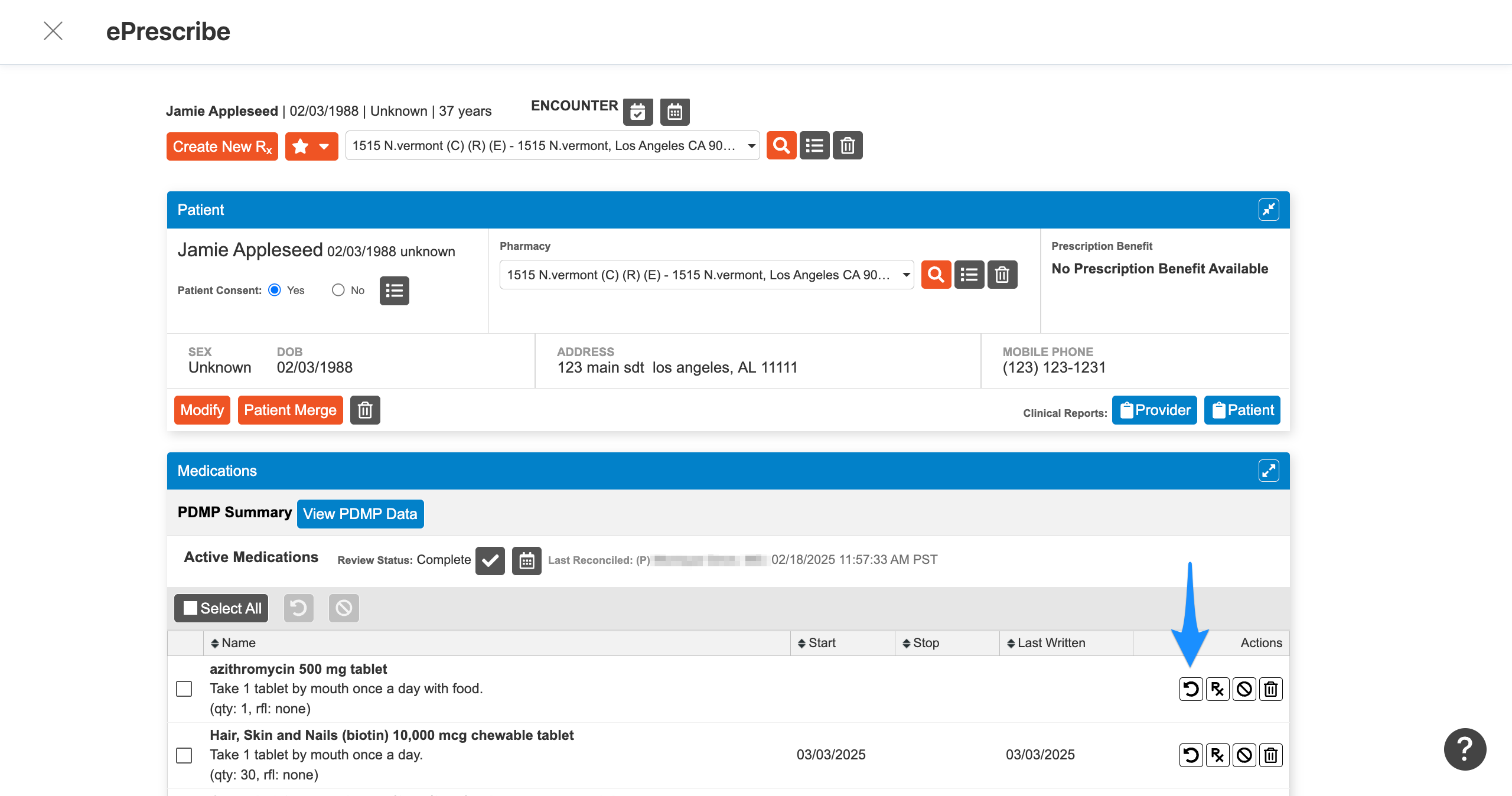 Renew button in the Actions column for an active medication