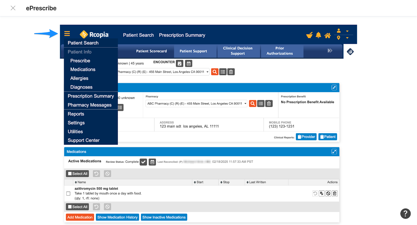 Hamburger menu icon in the DrFirst ePrescribe window