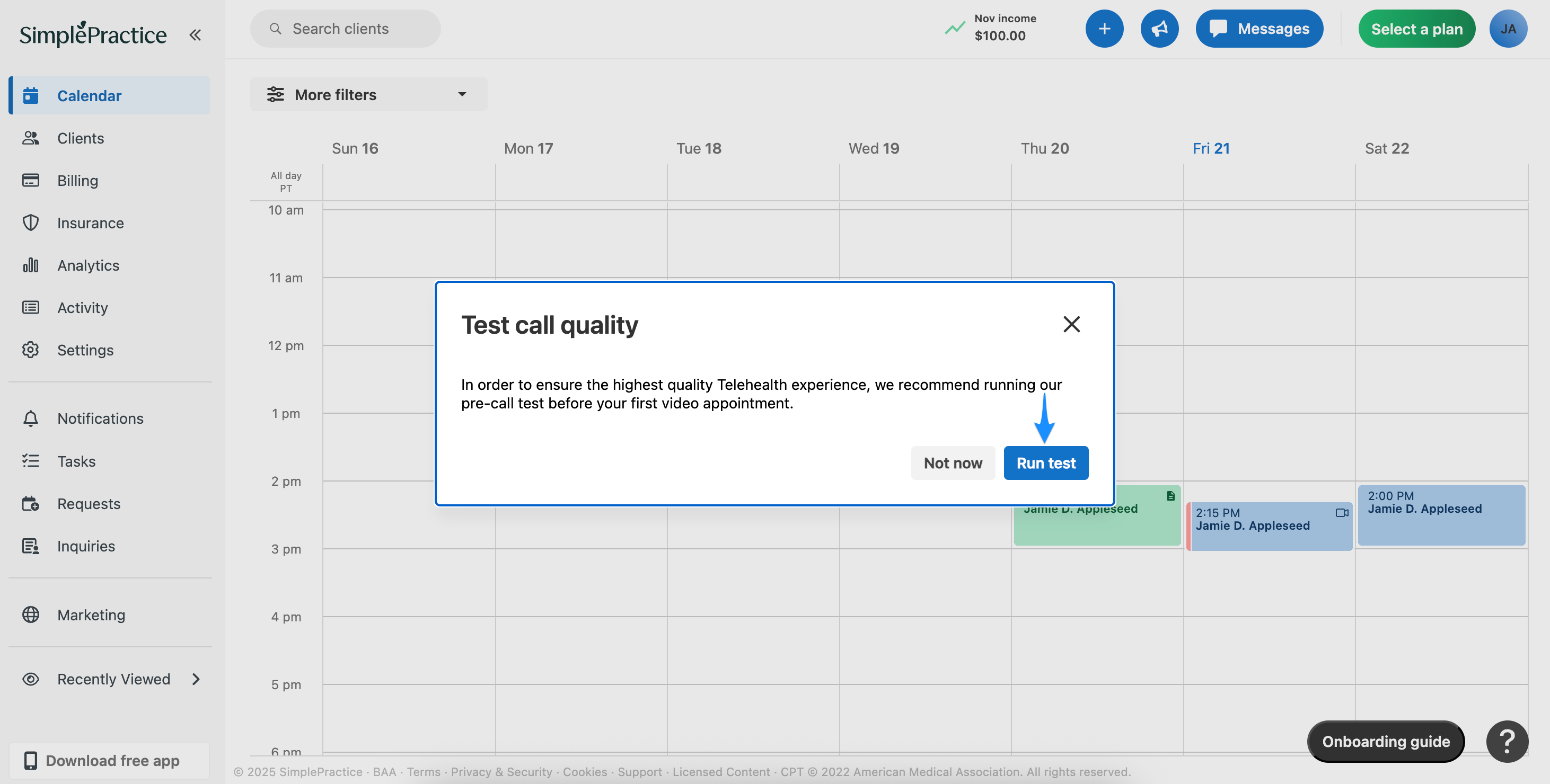 Telehealth interface showing the Test call quality screen with a Run test button.