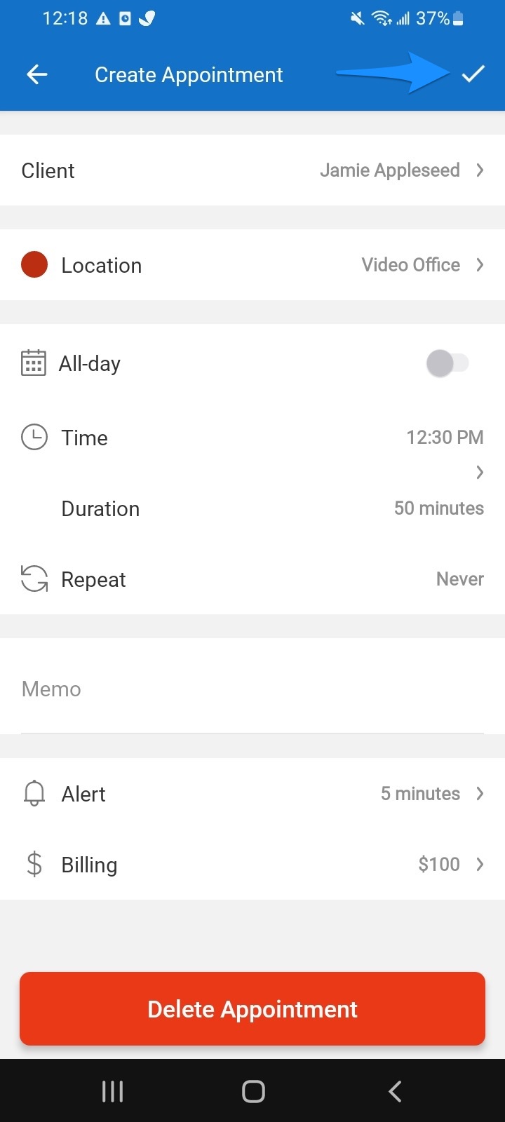 Checkmark button used to save the appointment