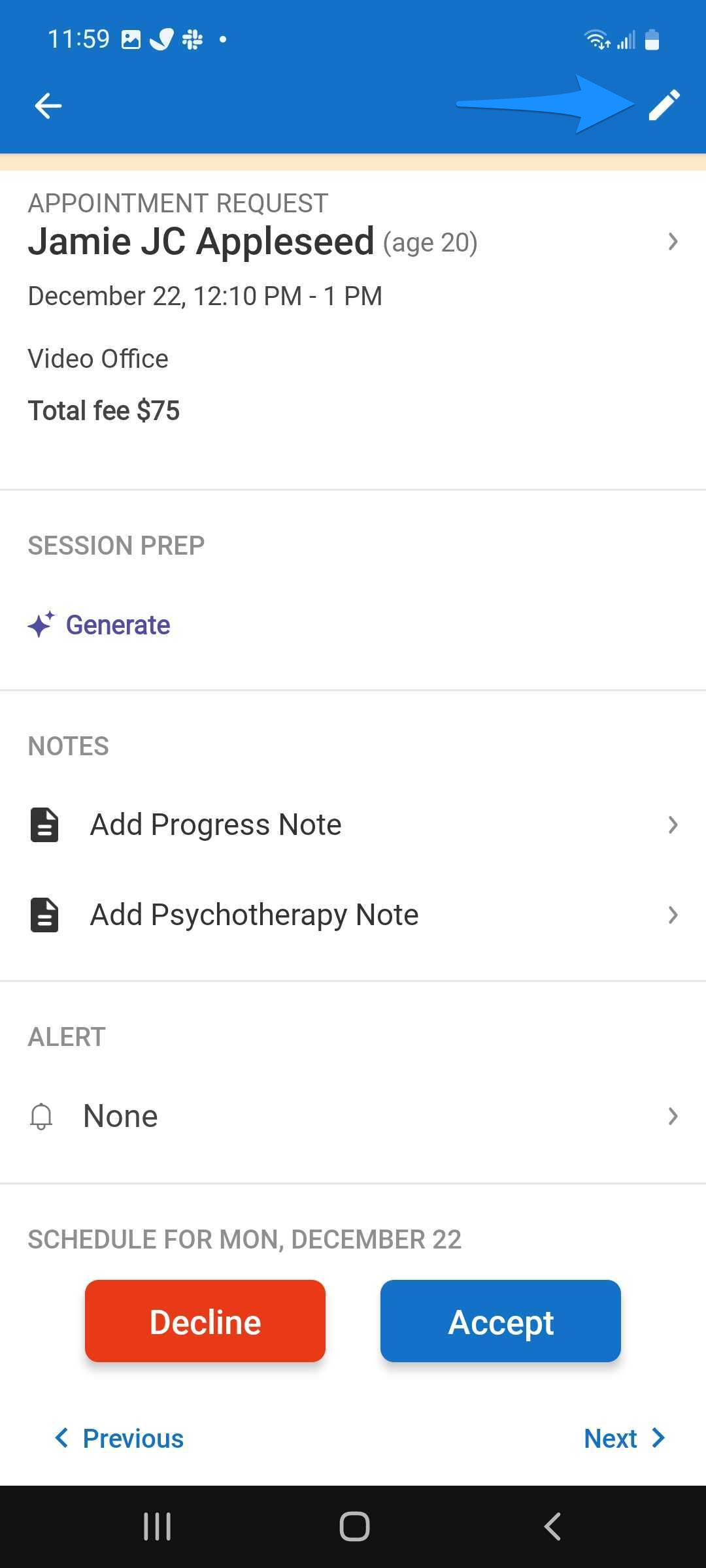 Appointment request details showing the pencil icon to edit before responding