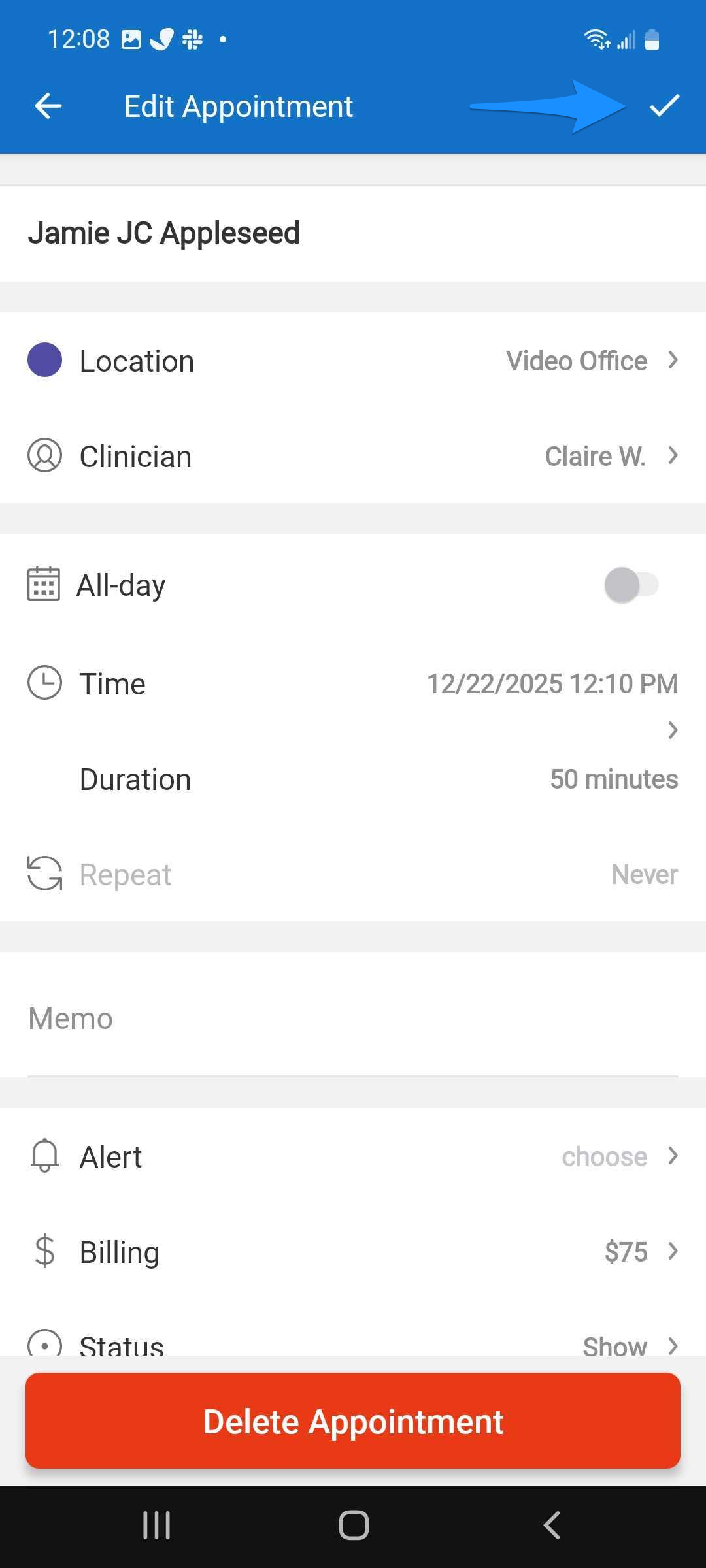 Checkmark button used to save changes to an appointment