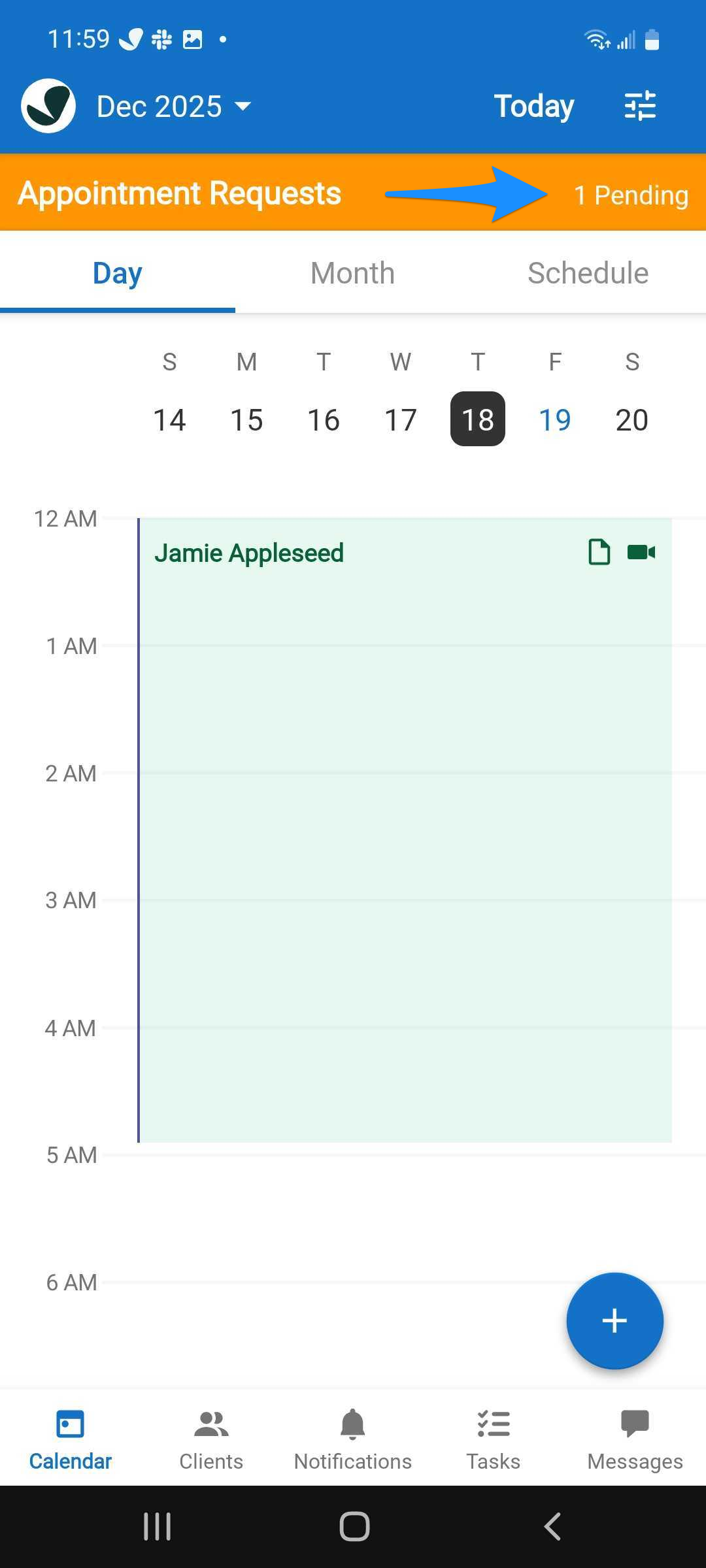 Calendar showing an appointment request banner at the top