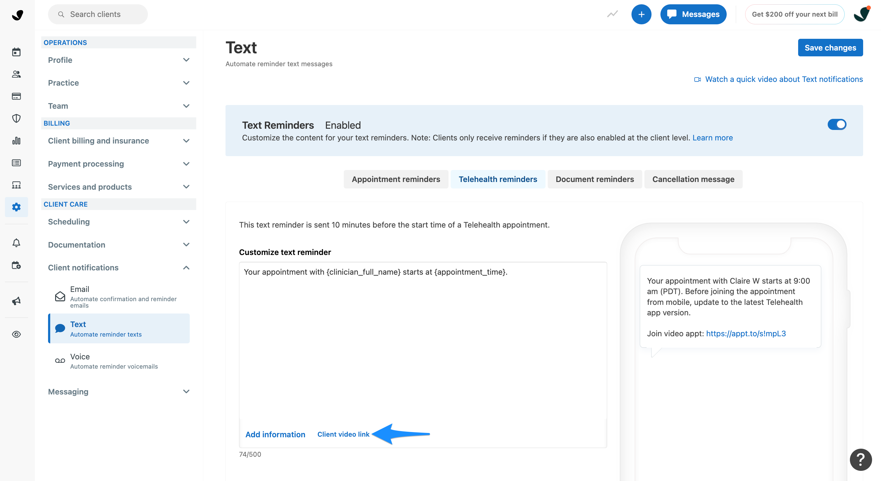 Option to add client video link to text reminder