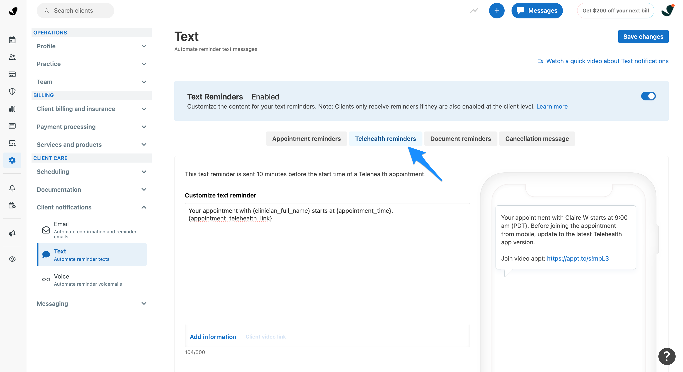 Telehealth reminders tab for text notifications