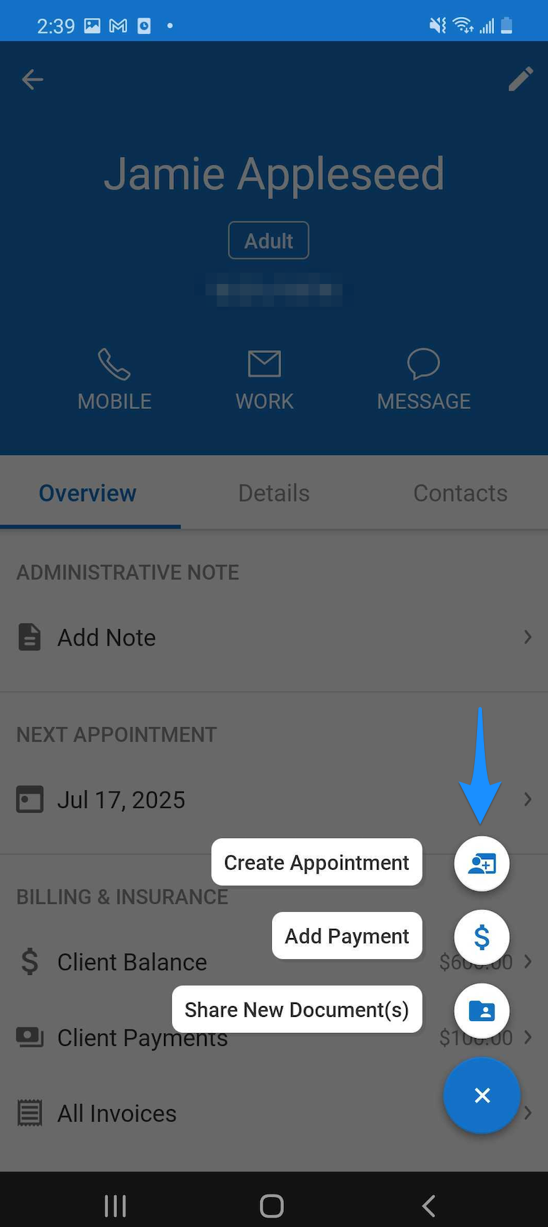 Add menu on the Client Overview page showing Create Appointment, Add Payment, and Share New Document(s)