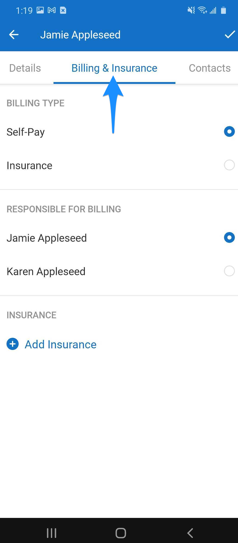 Billing & Insurance tab selected while editing a client in the Android app