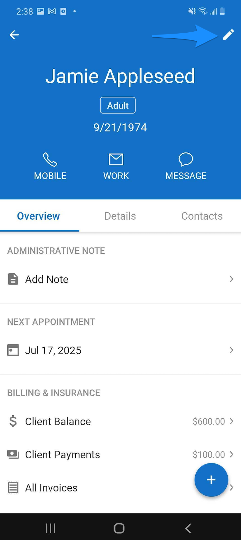 Pencil icon on the client profile screen used to edit client details