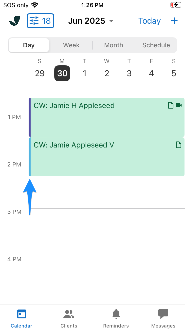 Calendar appointments showing different colors for different office locations in the mobile app