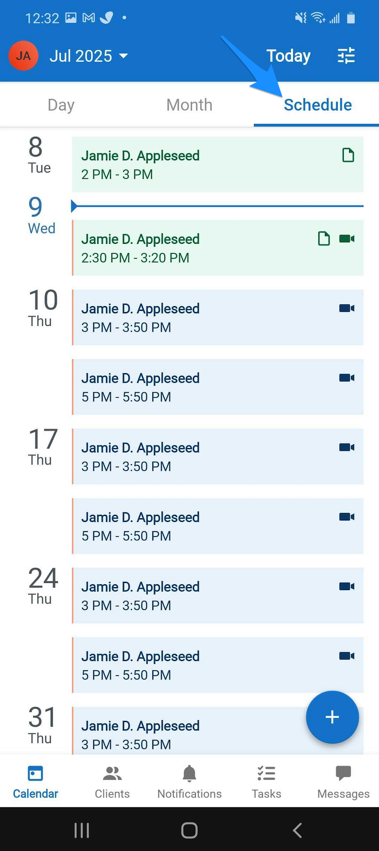 Schedule view showing a list of appointments for the day