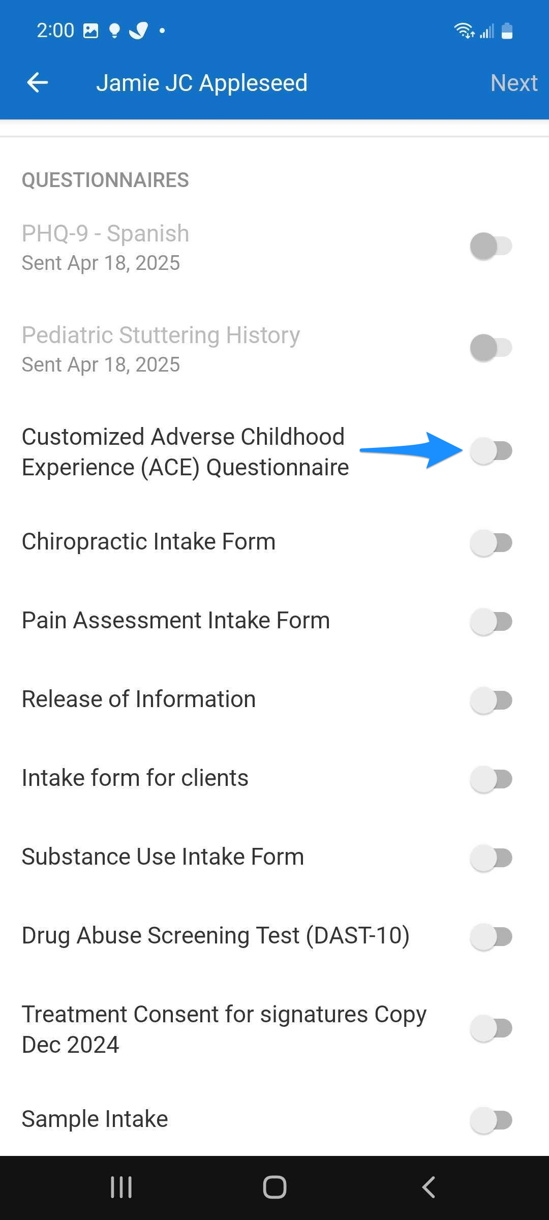 Select documents to send screen showing document toggles and selection options