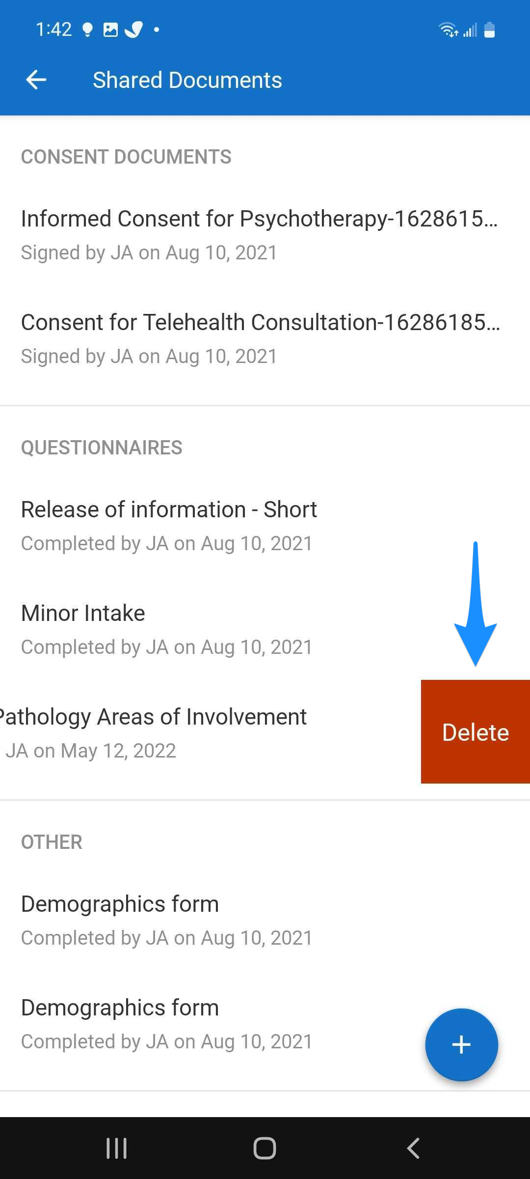Shared documents list showing a file with a swipe action revealing Delete