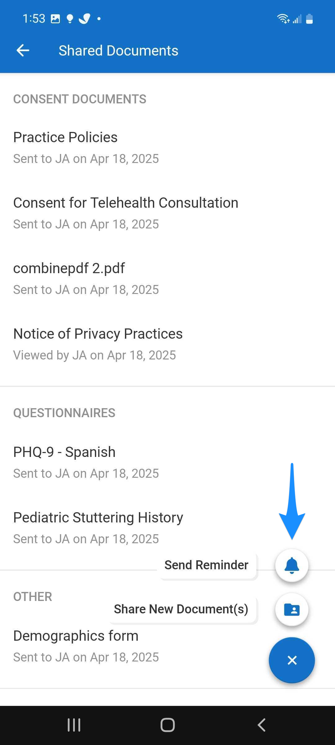 Shared documents screen showing the + menu with Send Reminder