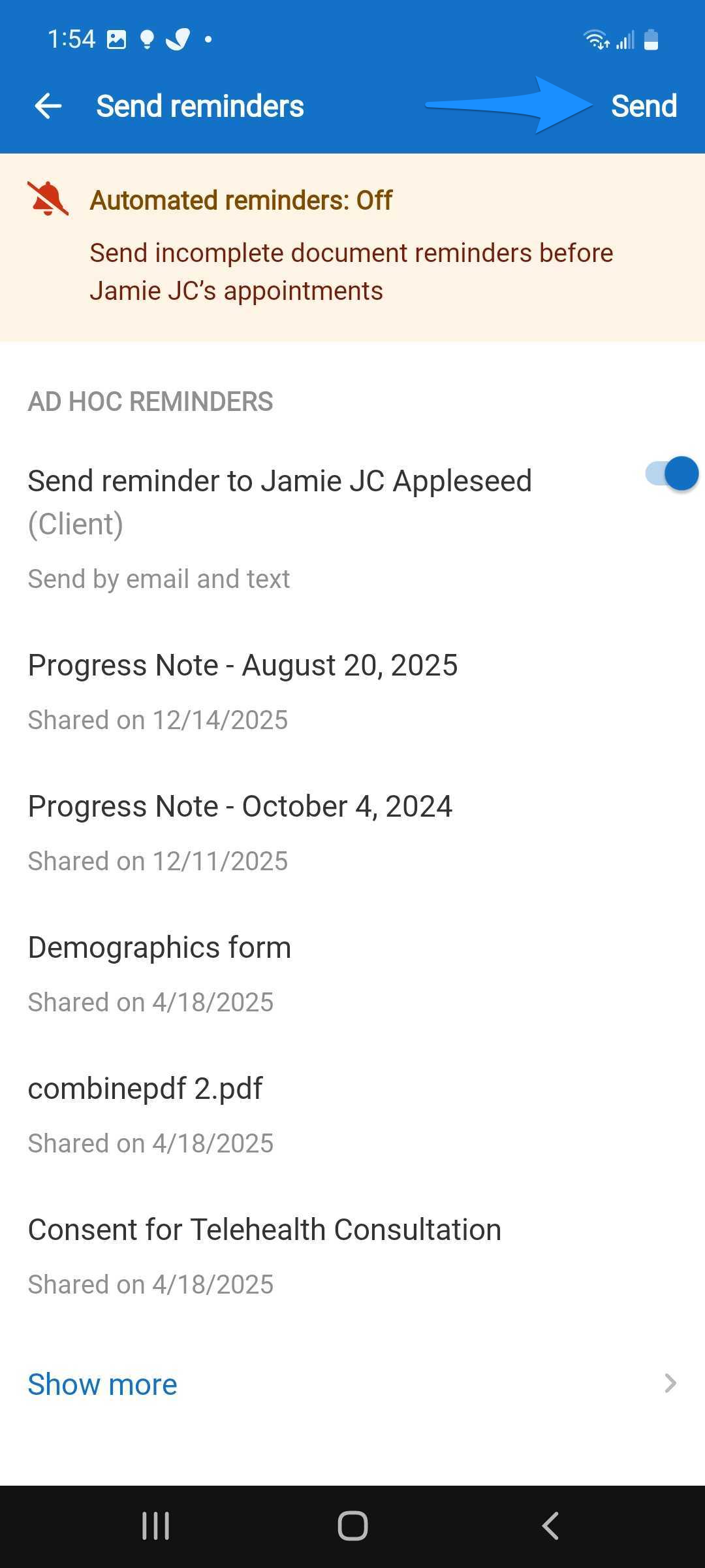 Pending documents screen showing the Send button