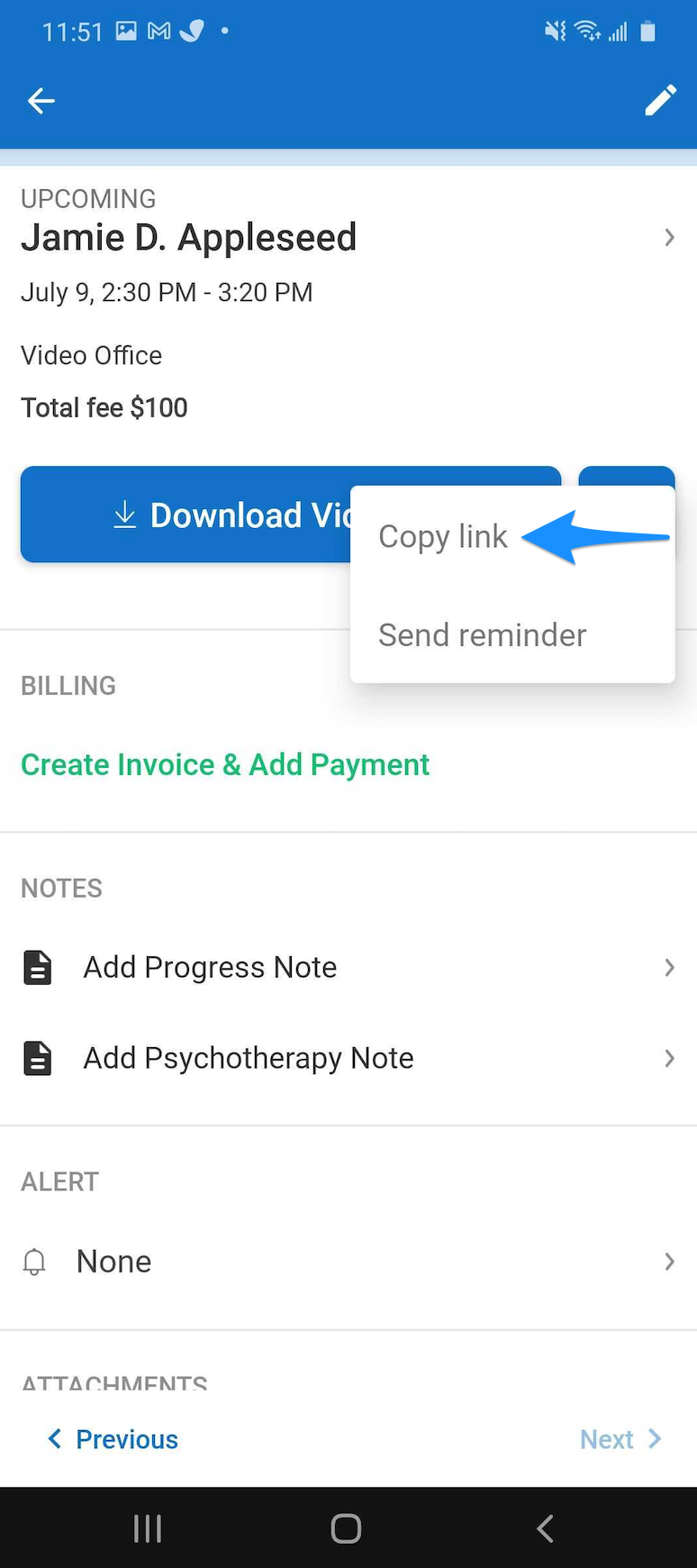 Reminder options showing Copy link and Send reminder