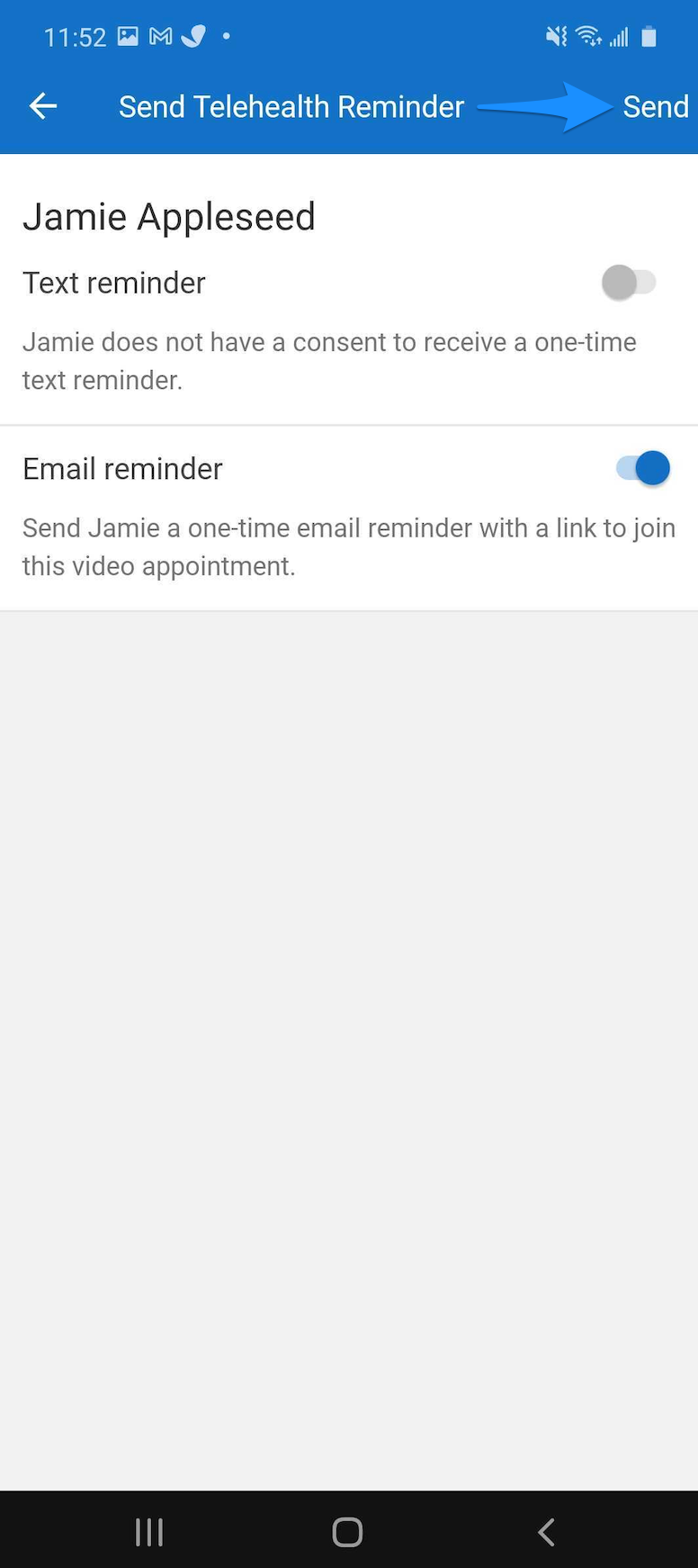 Send reminder screen showing Text reminder and Email reminder toggles and the Send button