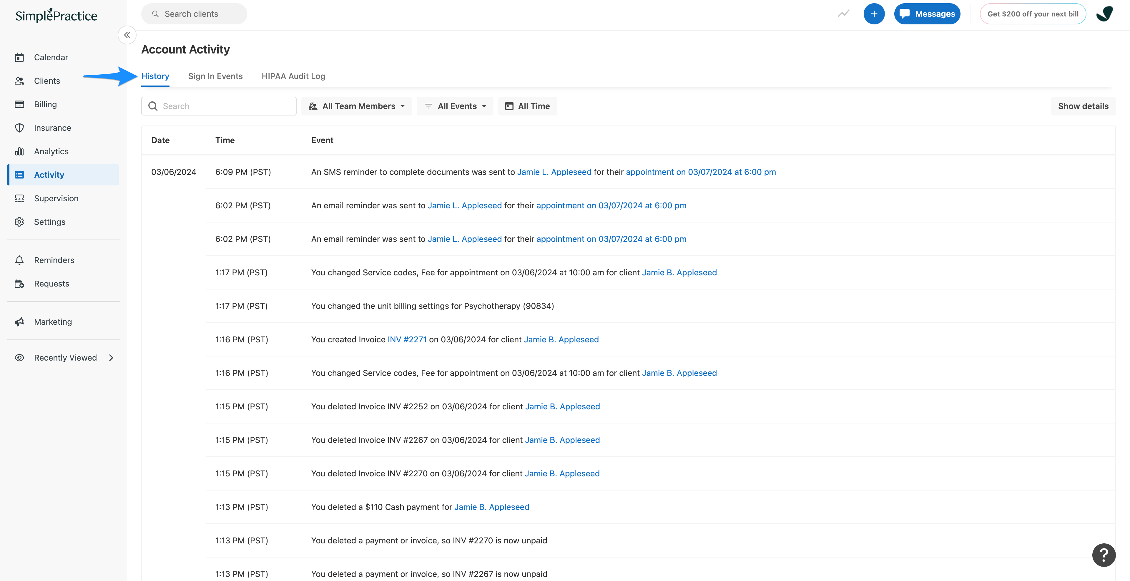 Screenshot of the History section in Activity