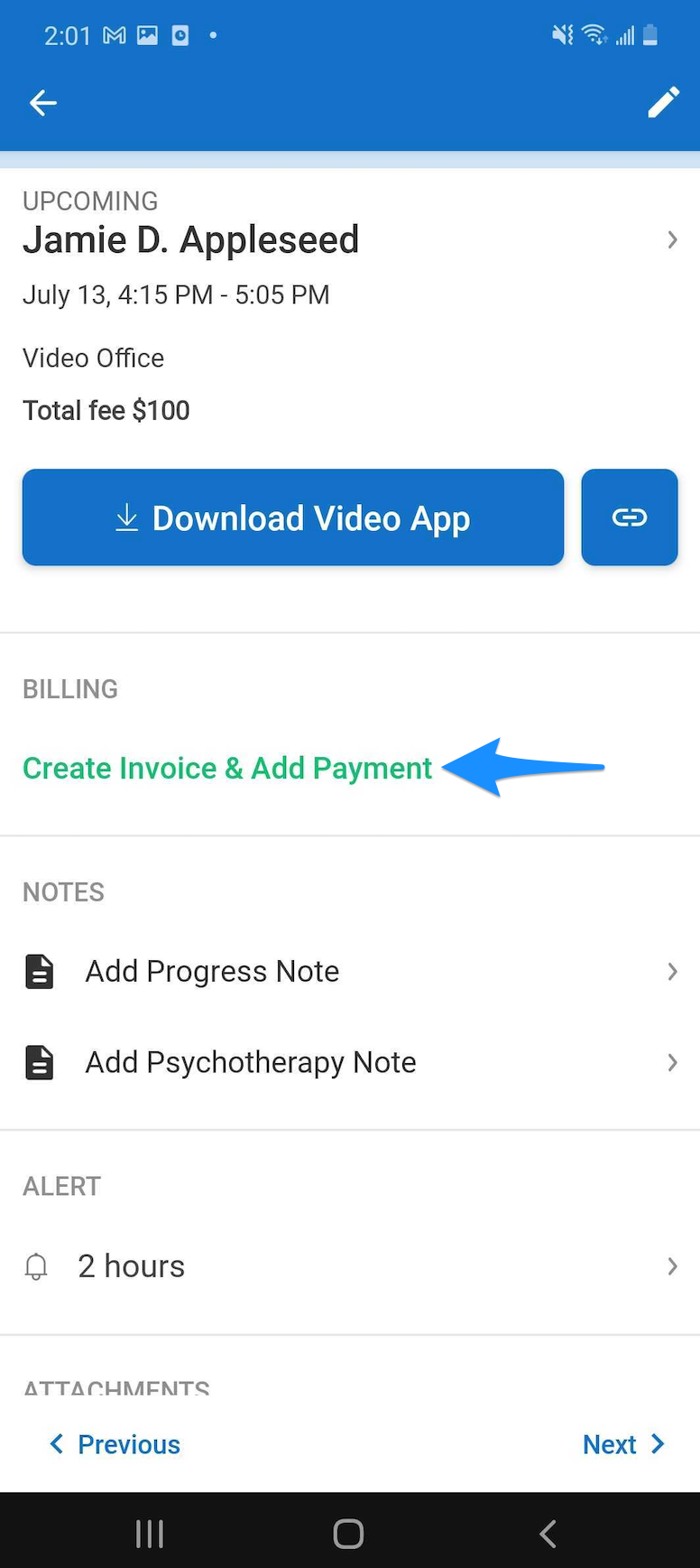 Appointment details screen showing Create Invoice and Add Payment