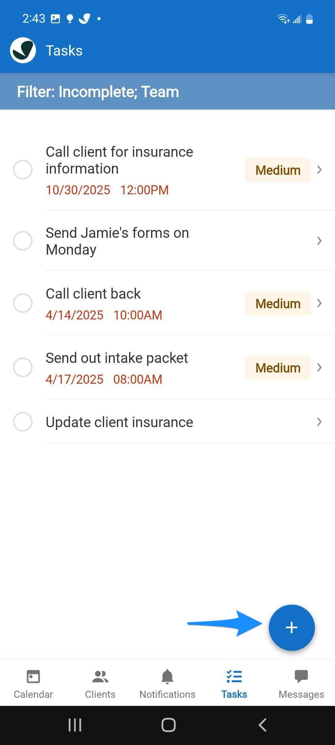 Tasks screen showing the + button to add a new task