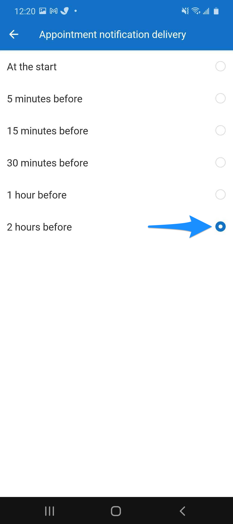 Appointment notification delivery screen showing timing options, including 2 hours before