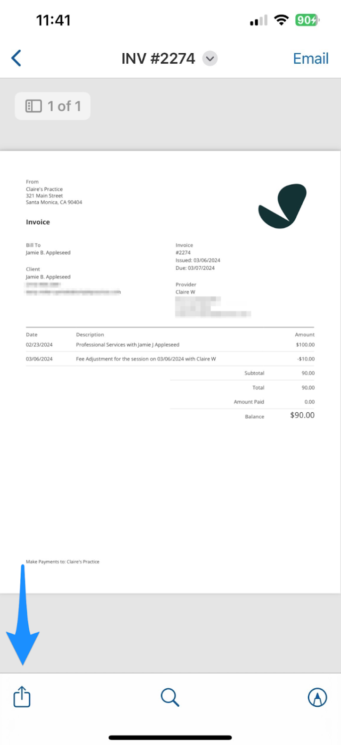 Invoice screen showing the share icon used to access printing options