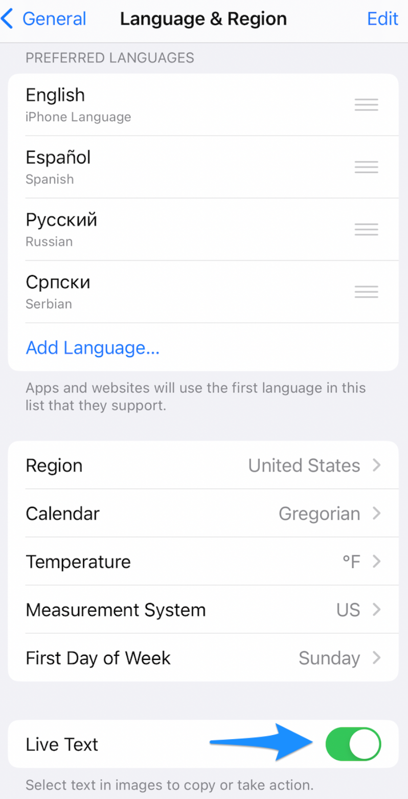iPhone Settings showing General > Language & Region with the Live Text toggle
