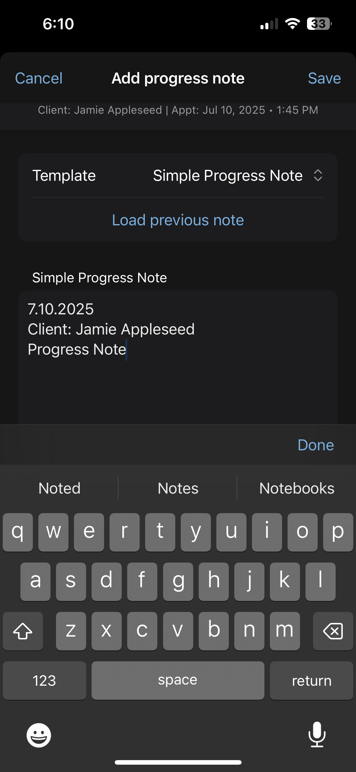 Pasting copied Live Text into a SimplePractice progress note