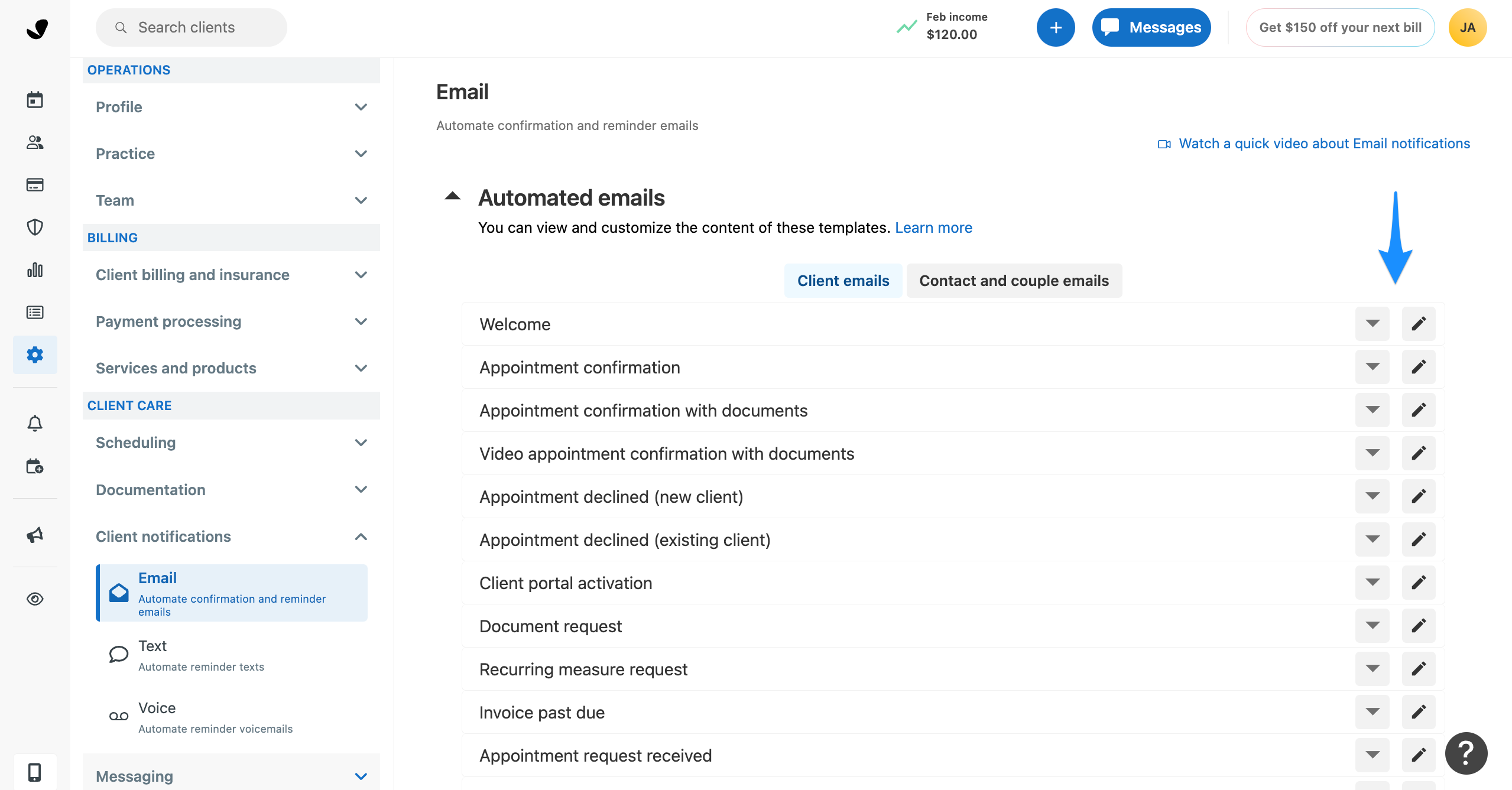 Edit Welcome email in Email section of Client notification